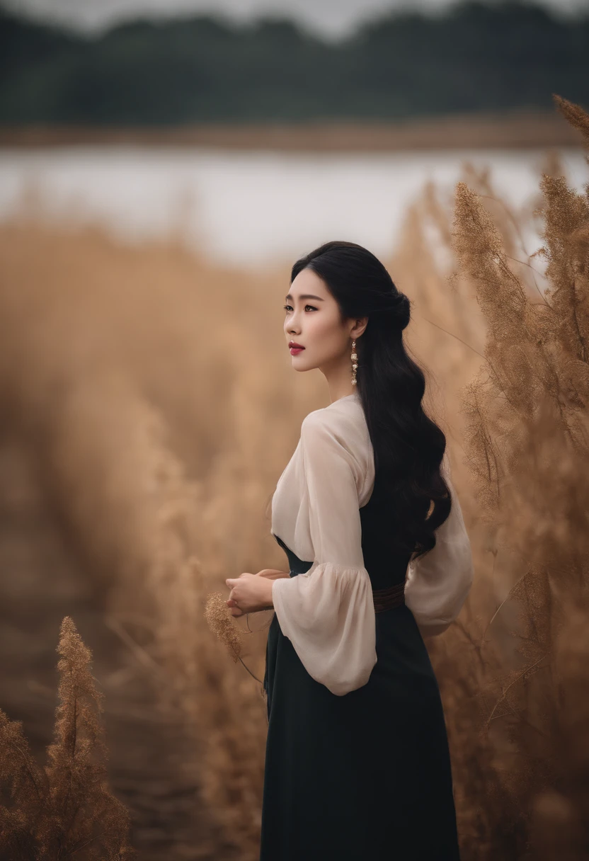An elegant Chinese woman, She is beautiful,Strong posture, Her breasts are well proportioned, Pear-shaped feminine silhouette, black color hair, Long black hair, She has expressive eyes, )Her skin is fair, Busty, Farm, Brown rustic clothes, Farm-inspired fashion clothing, romantic atmoshere, Fire lights, spark of light, The flower wears hair half straight and half curly