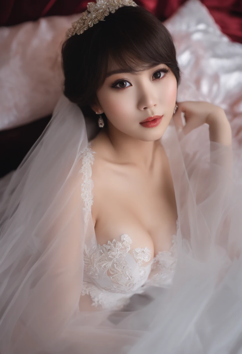 1 Indonesian Chinese face girl, white transparent g string, beautiful breasts, beautiful waist, beautiful big eyes, transparent white lace panties, white breast petals, seductive lying on the bed with black satin sheets