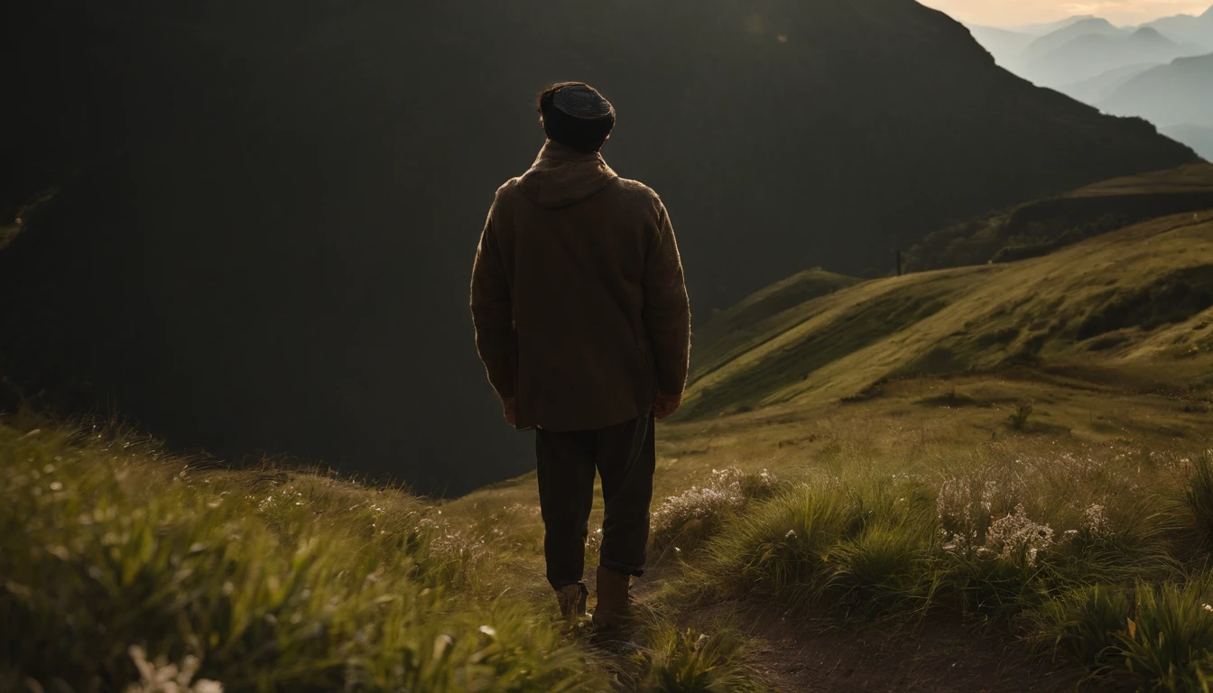 In the twilight sky、GREEN GRASS AND FLOWER, It depicts a figure on the way to the top of the mountain。He was number on his journey to the summit.々It can be seen that we have faced the difficulties of。That he is now、I'm holding my breath for a moment.、Never give up。A steep mountain road stretches out at his feet.、It reflects his hard work and hard work.。however、His face is full of determination and courage、Hope for the future is felt。