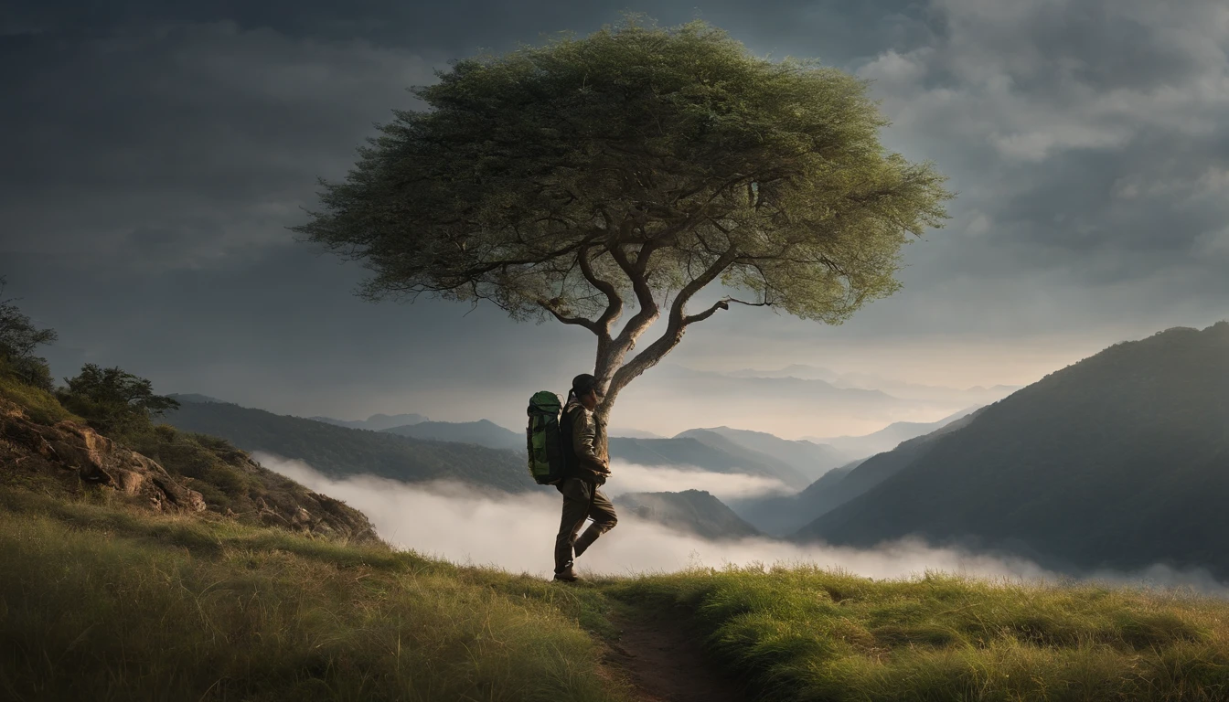 In the twilight sky、GREEN GRASS AND FLOWER, It depicts a figure on the way to the top of the mountain。He was number on his journey to the summit.々It can be seen that we have faced the difficulties of。That he is now、I'm holding my breath for a moment.、Never give up。A steep mountain road stretches out at his feet.、It reflects his hard work and hard work.。however、His face is full of determination and courage、Hope for the future is felt。