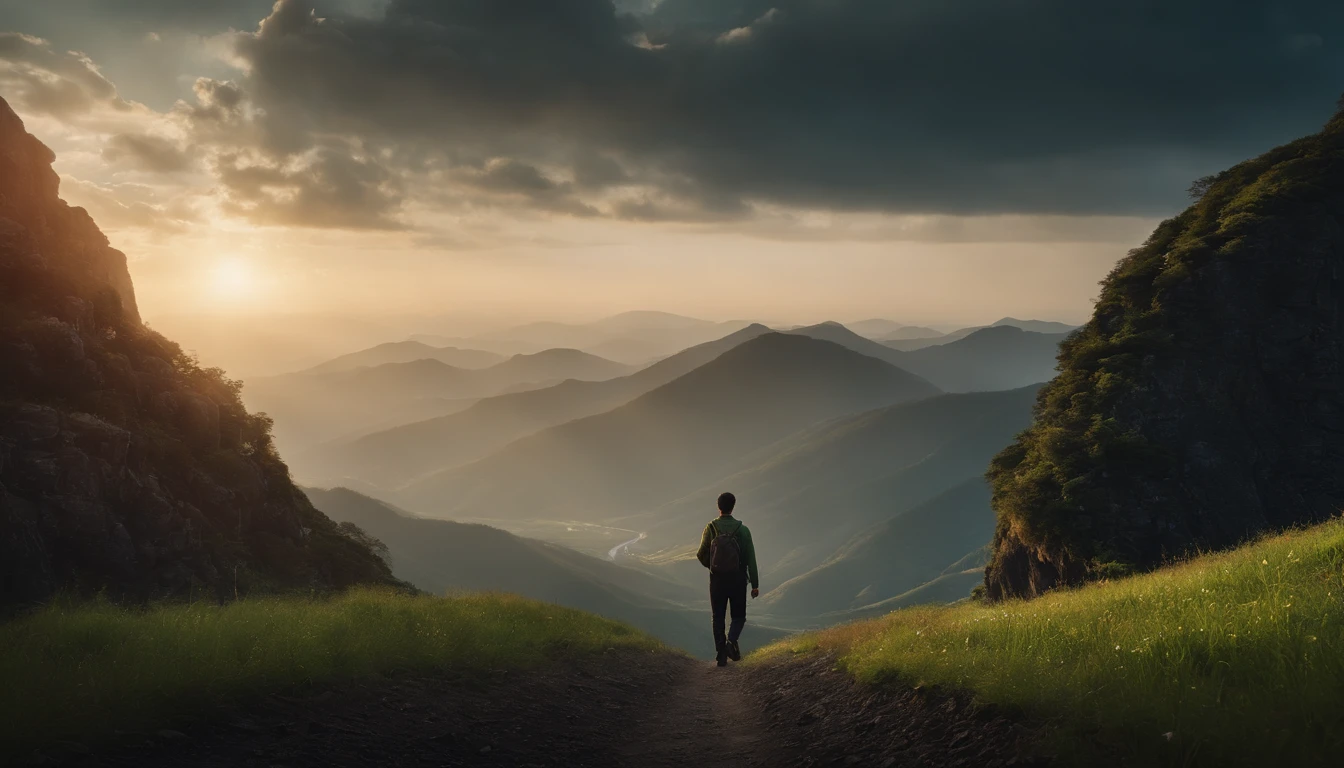 In the twilight sky、GREEN GRASS AND FLOWER, It depicts a figure on the way to the top of the mountain。He was number on his journey to the summit.々It can be seen that we have faced the difficulties of。That he is now、I'm holding my breath for a moment.、Never give up。A steep mountain road stretches out at his feet.、It reflects his hard work and hard work.。however、His face is full of determination and courage、Hope for the future is felt。