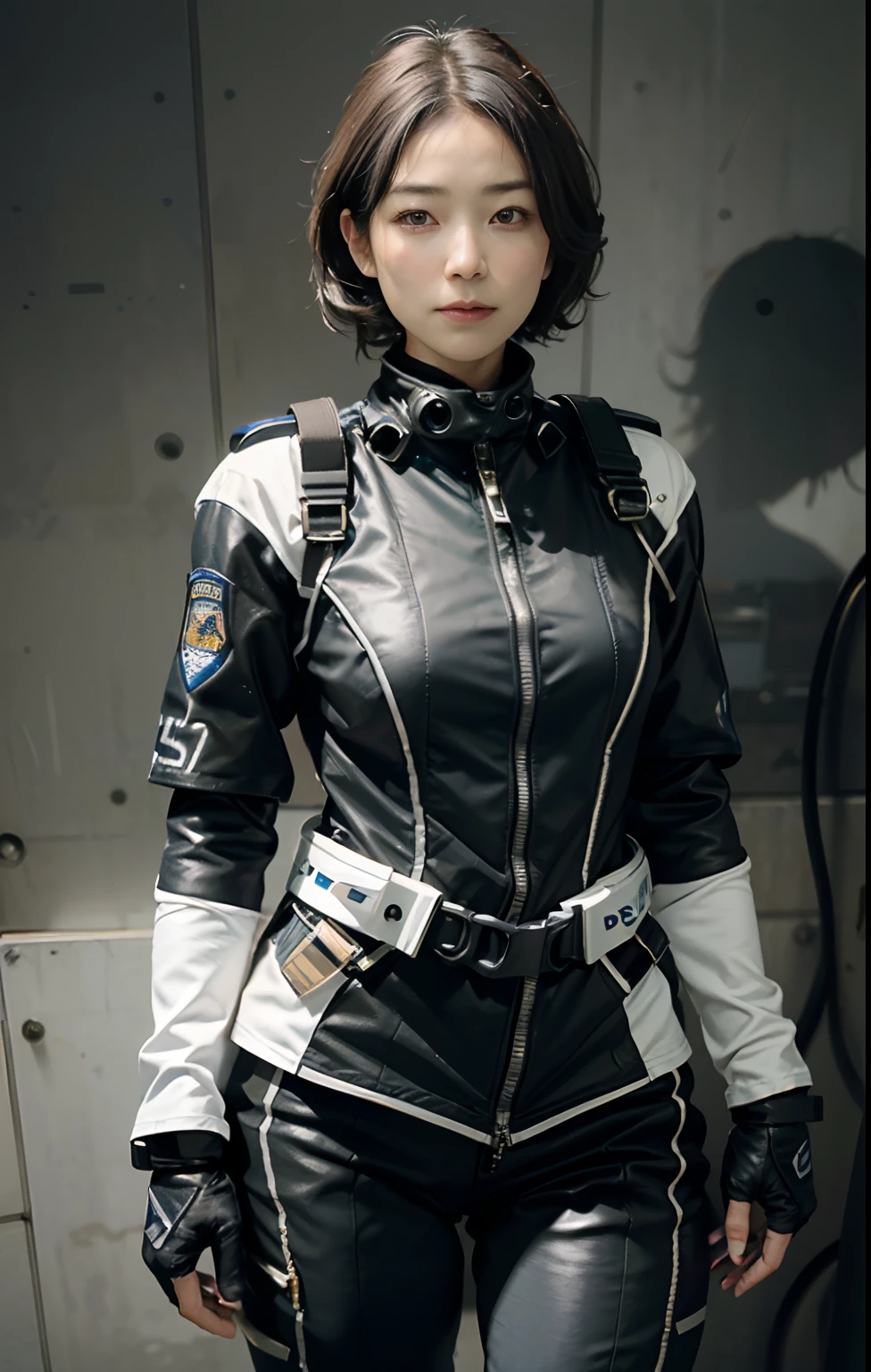 Highest image quality, outstanding details, ultra-high resolution, (realism: 1.4), ((face shot:0.5)), favor details, highly condensed 1girl, with a delicate and beautiful face, (wearing racing suit likes police uniform, black and gray mecha, military harness, holding a machinegun ), background concrete wall