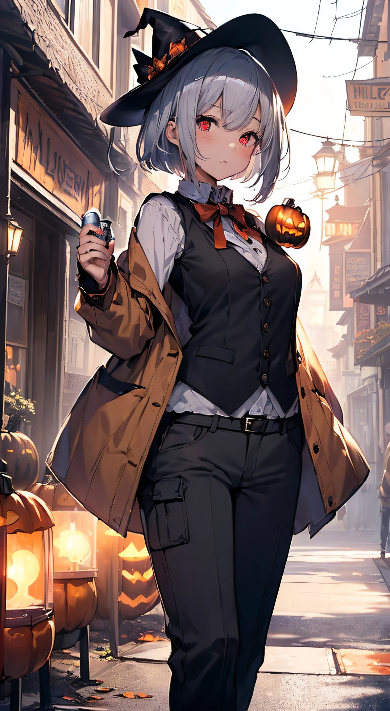 top-quality、Top image quality、8K,4K,tmasterpiece、(NSFW:1.1)、ultra - detailed、Beautiful、hyper qualit、adult-like、Cool、((Undersized breasts:1.4、slenderness))、Girl vs(((18yr old、in a halloween style:1.5、vests:1.2、shorter pants:1.3、silber hair、a short bob:1.3、Holding a lantern in his hand、Red eyes、erotick:1.4、blissful、Tattooed with)))、hiquality、visual art、Background with((Western country town:1.2、Halloween:1.2))、masutepiece