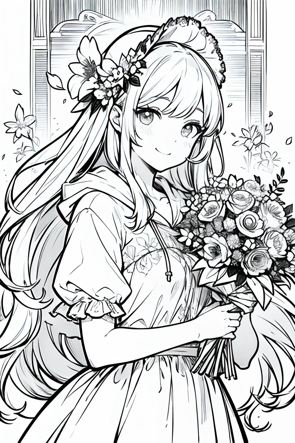 obra maestra, mejor calidad, 1 barbie, solo, cabello largo, mirando al espectador, sonrisa, flequillo, falda, camisa, mangas largas, sombrero, vestido, arco, participation, boca cerrada, flor, volantes, flor del cabello, flower petals, ramo de flores, Clamping flower, volantes centrales, hood, flower clamping bouquet, campo, flor, campo, lineart, monocromo,