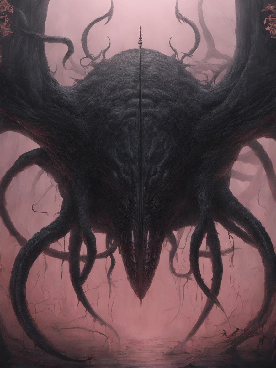 long straight black-haired, (young 19 yo age, chinese girl Du Juan), skinny, athletic, petite, ((full lips with red lipstick, pink geisha blush, style eyeliner mascara eye-shadow make-up)), sexy, nude shaved pussy dripping cum ((very large tentacles horns wrapping around her)) emerging from within a glossy slimy mucus covered round black meteoroid in foggy volumetric alien tentacle landscape