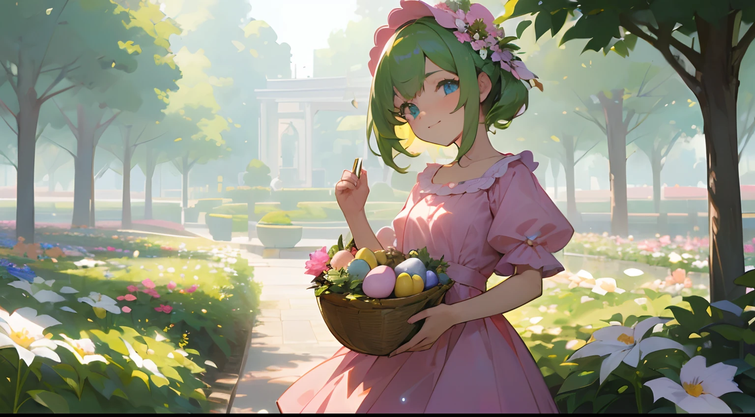 ((masterpiece:1.4、top-quality)) 、(18 year old woman enjoying Easter in flower garden garden、Wearing a pink dress and holding a basket with eggs、There are rabbits、The sun is shining on your face、squinting、18 year old woman in pink dress、cute little、Smiling and looking at the camera、greenhair、Blue eyes、Solarium available、) 、(Light shining on your face from the front、) 、The background is a garden of flower garden、Strong sunlight、Retro Terrace Chair、