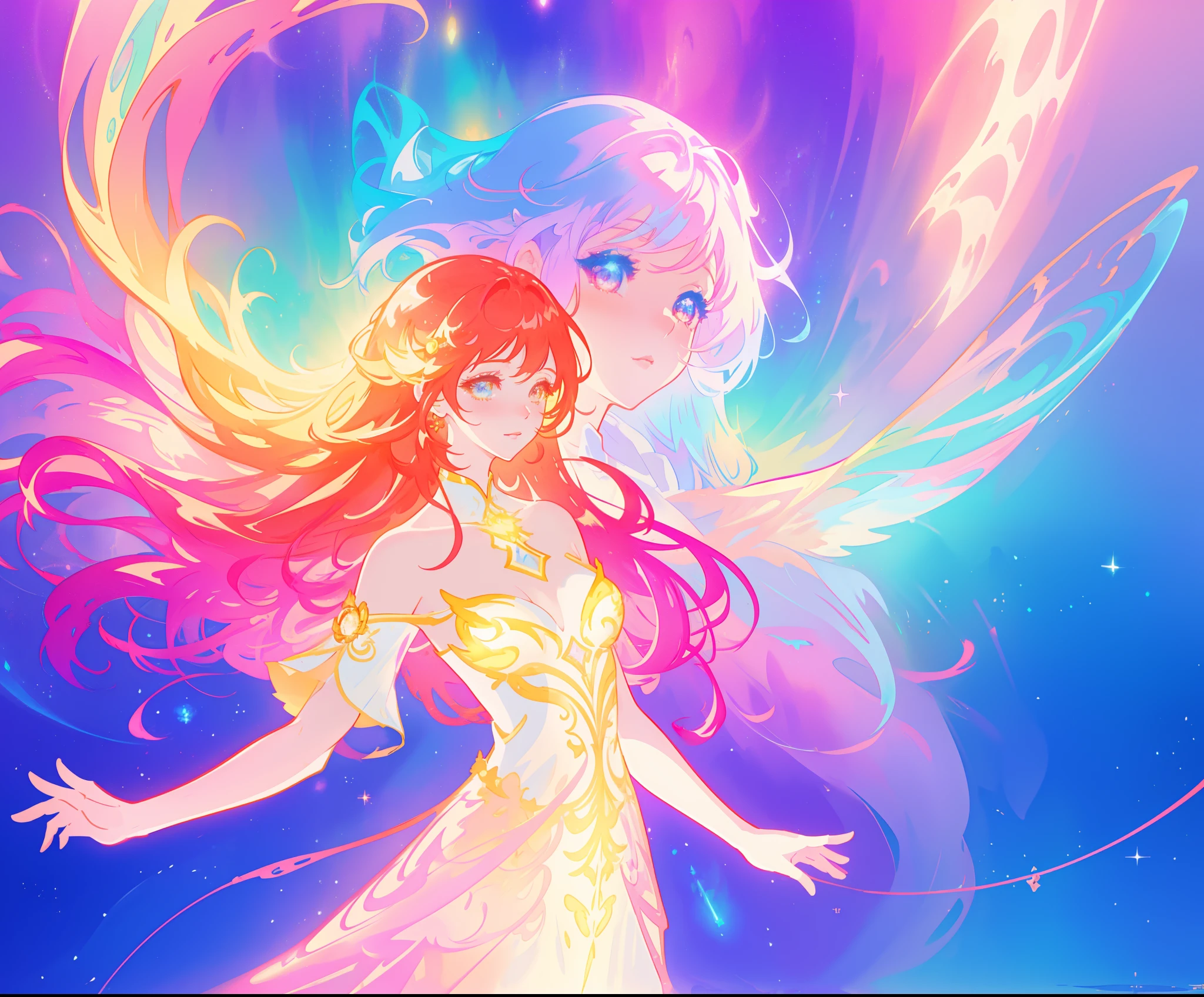 beautiful anime girl in colorful ballgown, vibrant pastel colors, (colorful), red and gold hair, magical lights, sparkling liquid light, inspired by Glen Keane, inspired by Lois van Baarle, disney art style, by Lois van Baarle, glowing aura around her, by Glen Keane, jen bartel, glowing lights! digital painting, flowing glowing hair, glowing flowing hair, beautiful digital illustration, fantasia background, whimsical, magical, fantasy, beautiful face, ((masterpiece, best quality)), intricate details, highly detailed, sharp focus, 8k resolution, sparkling detailed eyes, liquid watercolor