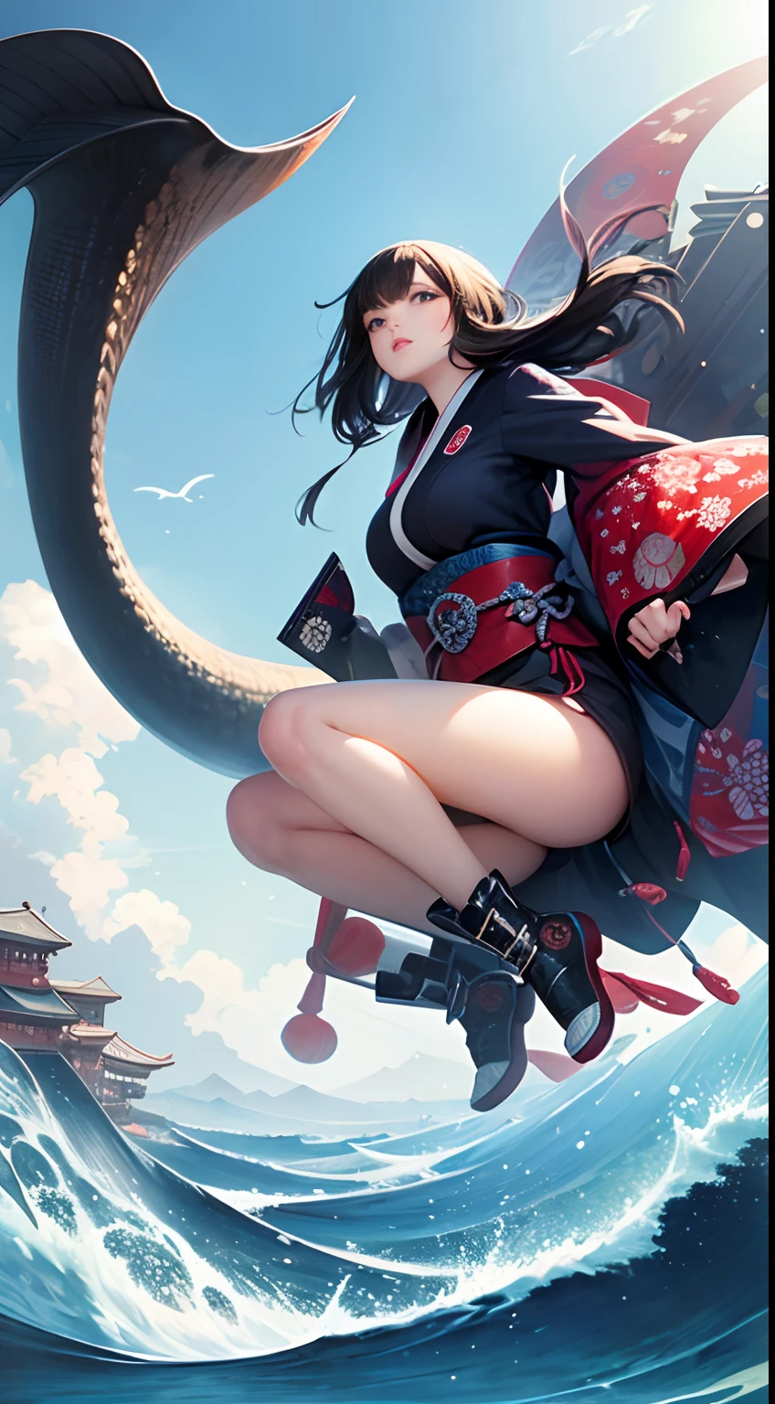 Christian Riese Lassen, Hokusai, Surreal, mysterious, strange, bizarre, fantasy, Sci-fi, Japanese anime, internet surfing, beautiful girl, cyber world, the ocean of the internet is infinite, whale, sun sky clouds, detailed masterpiece