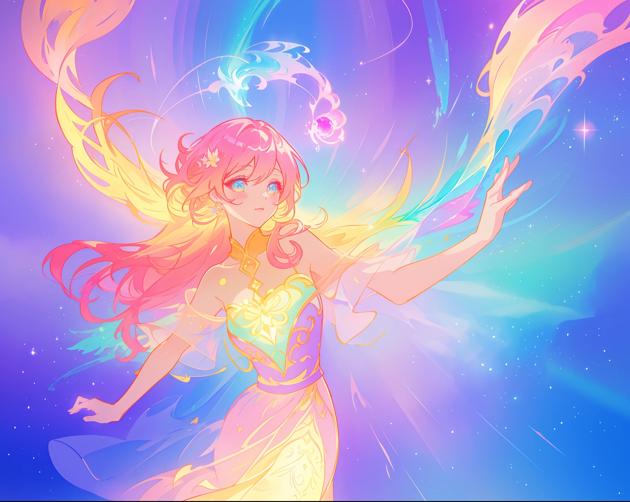 beautiful anime girl in colorful ballgown, vibrant pastel colors, (colorful), magical lights, sparkling liquid light, inspired by Glen Keane, inspired by Lois van Baarle, disney art style, by Lois van Baarle, glowing aura around her, by Glen Keane, jen bartel, glowing lights! digital painting, flowing glowing hair, glowing flowing hair, beautiful digital illustration, fantasia background, whimsical, magical, fantasy, beautiful face, ((masterpiece, best quality)), intricate details, highly detailed, sharp focus, 8k resolution, sparkling detailed eyes, liquid watercolor