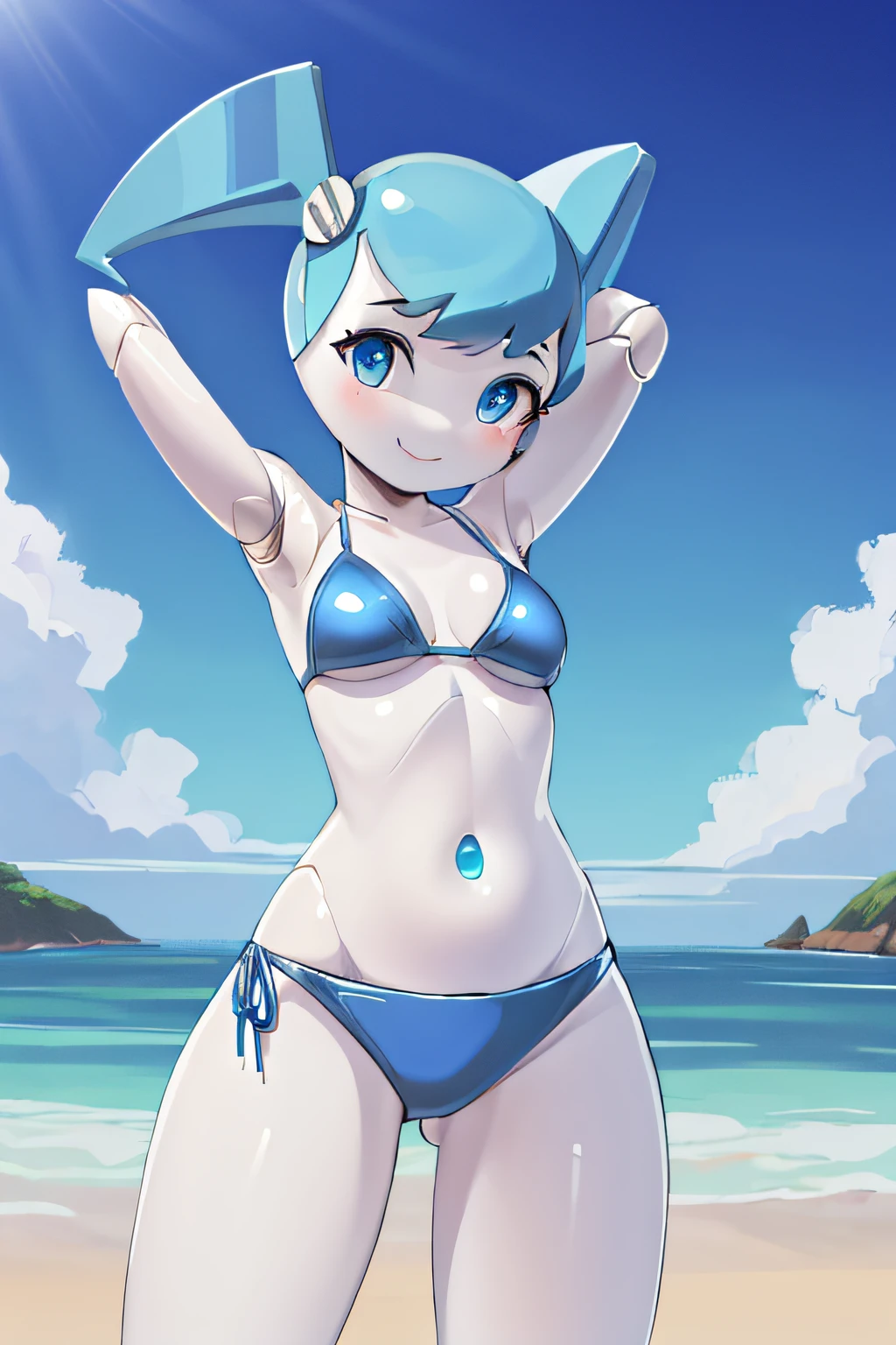 masterpiece, best quality, highres,  beautiful and detailed portrait of jenny wakeman, sexy, seductive, smile, blue eyes, standind at the beach, hands behind her head, white, shiny, metallic robotic skin, robot joints, blue bikini