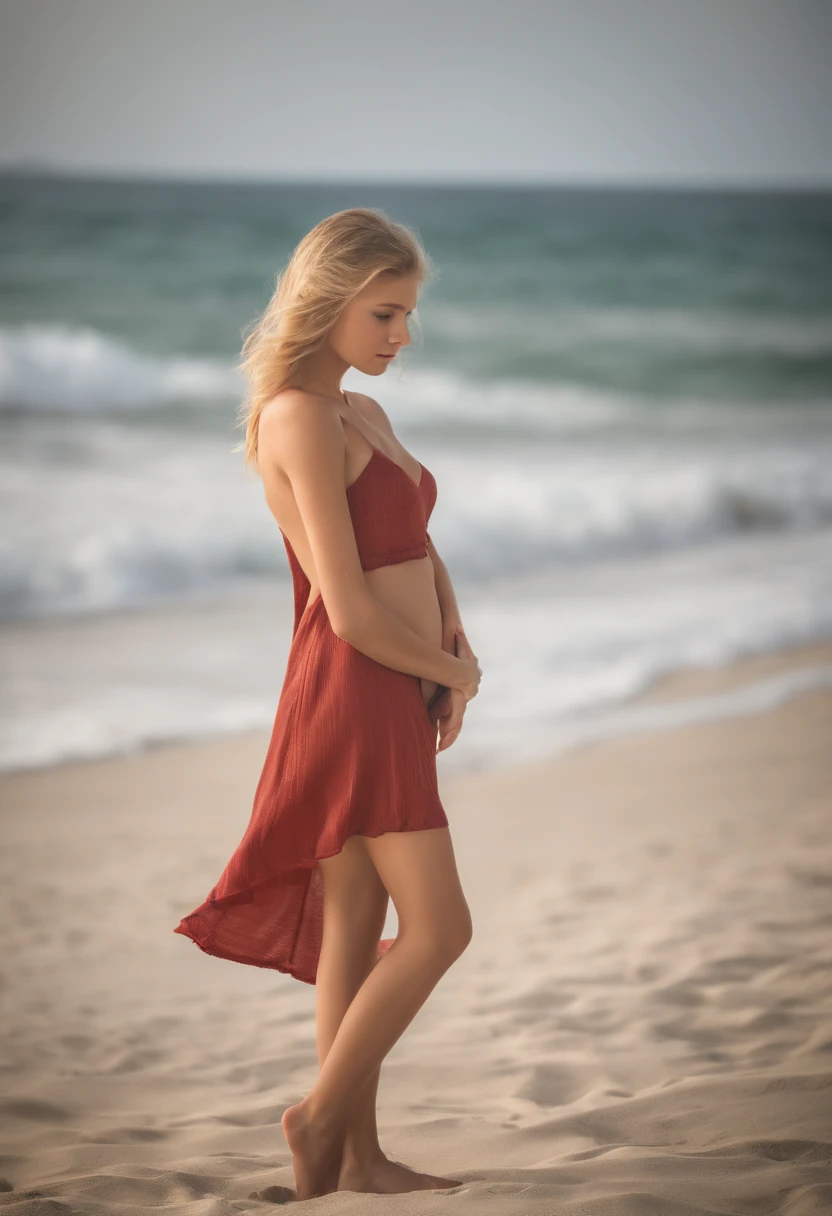 A girl walking on the beach，There is a small crab，red tinted hair