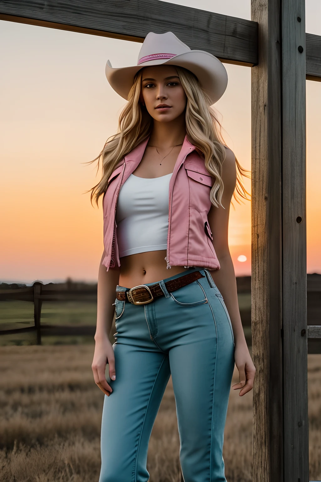 1girl in, age19, Solo, Long wavy hair, messy wind blown hair, blondehair, Full body, Colossal tits, outside by fence, wearing pink sleeveless vest, pink vest, wearing pink bell bottompants, bell bottoms, wearing white belt, wearing white cowboy hat, (extremely detailed 8k wallpaper), mood lighting, high quality, film grain, Fujifilm XT3 sharp focus, f 5.6, 50mm, High Detail, Sharp focus,(evening light), outdoor lighting, sunset, (seductive), Realistic, crazy details, complex details, hyper detailed,