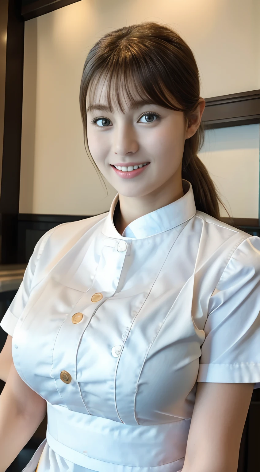 high_quality,best qualtiy,​masterpiece,1girl in,waitresses,looking at the viewers,(a smile:1.1),Anna Millers uniform、large boob、