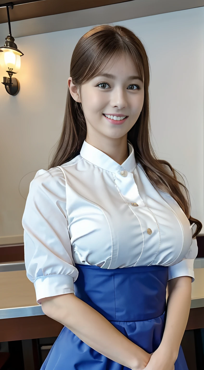 high_quality,best qualtiy,​masterpiece,1girl in,waitresses,looking at the viewers,(a smile:1.1),Anna Millers uniform、large boob、