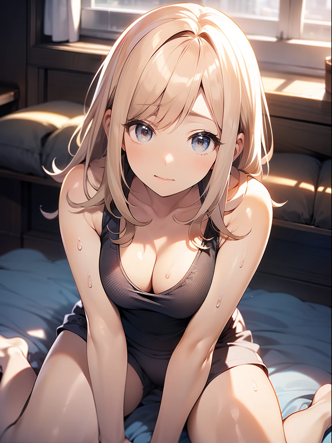 in 8K、top-quality、masterpiece、ultra-detailliert、Ultra-high resolution、((1 persons))、girl with、White tank top、a blond、makeups、all-fours、cleavage of the breast、Frontal perspective、Gymnasium