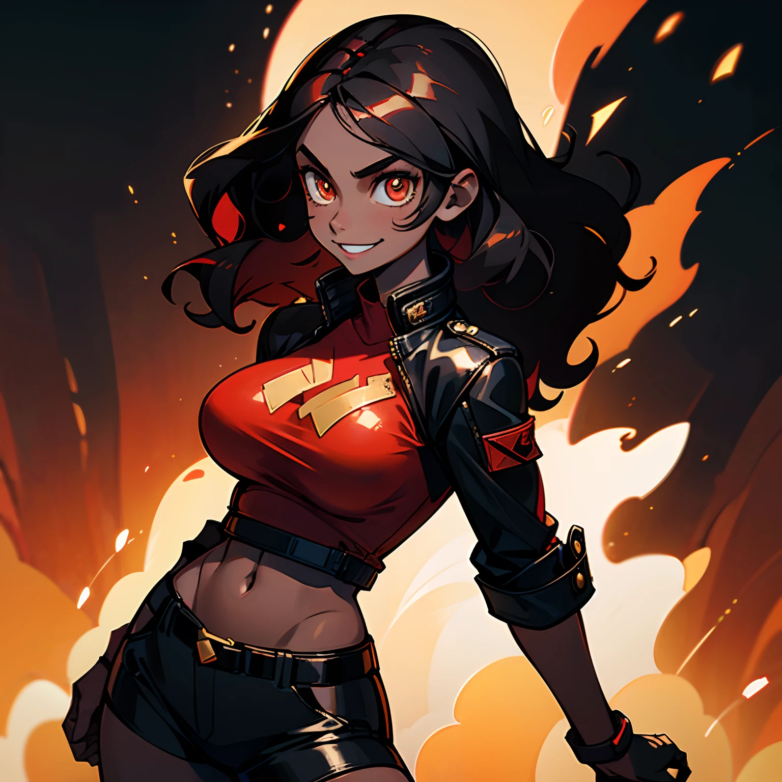 ((solo character)), ung adult woman, cocky smile, shiny golden eyes, (big breasts), strong body, ((black woman)), (((black skin))), leather jacket, red t-shirt, black wavy hair, fire background, half body view