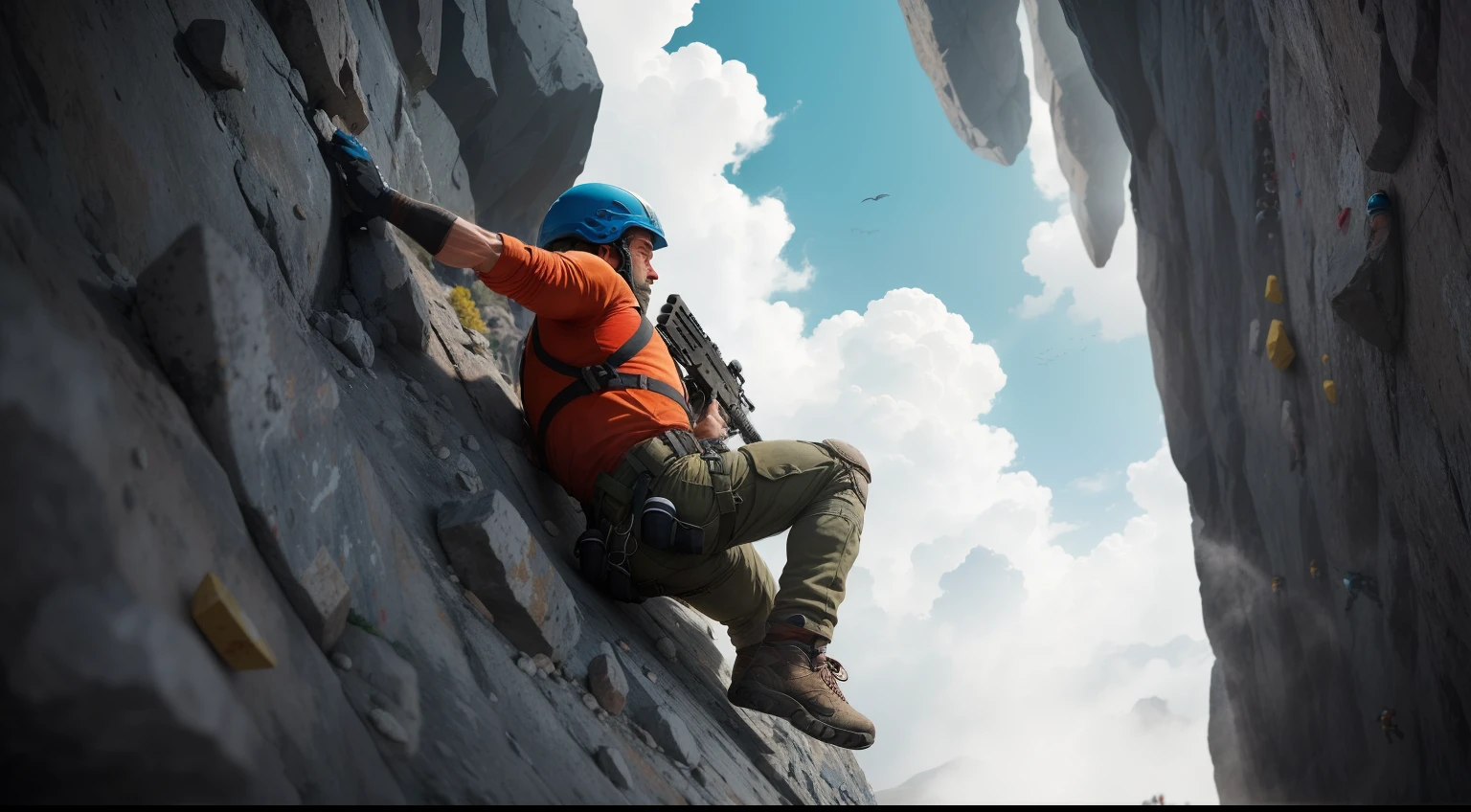 En esta imagen, Podemos ver a un guerrero escalando un pico. His body stretched, sus manos y pies aferrados a la roca. Their muscles are well-defined and they seem to have been training for this moment for a long time. We can see his face covered in sweat and he is overcoming his fear of altitude breathing rapidly. Sus ojos estaban fijos en el blanco, with unwavering determination. Rodeado de imponentes rocas y acantilados, Gives an exciting feeling. The painting adopts an oblique composition and a distant view, allowing the public to feel the danger and challenge of climbing to the top. Todo el panorama es muy impactante, Y la gente no puede evitar suspirar ante el coraje y la tenacidad de los guerreros.