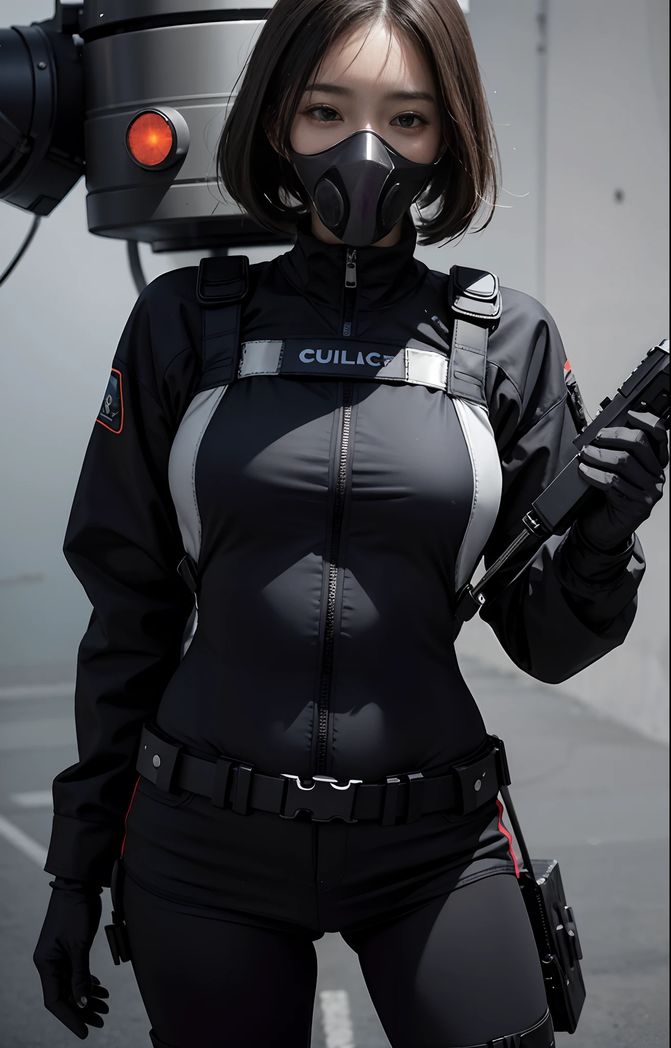 Highest image quality, outstanding details, ultra-high resolution, (realism: 1.4), ((close up:0.75)), highly condensed 1 lady, with beautiful and a delicate face, perfect proportion, aiming the viewer, ((aiming the viewer)), (chubby:0.3, small breasts), (cloths color base ratio black:0.2 white:0.6 other-color:0.1), (wearing rash-guard likes police uniform, black and gray mecha, wearing high-tech heavy gasmask, military harness, holding a machinegun, carrying hich-tech-flamethrower -tank on back), captain, background simple grey wall,