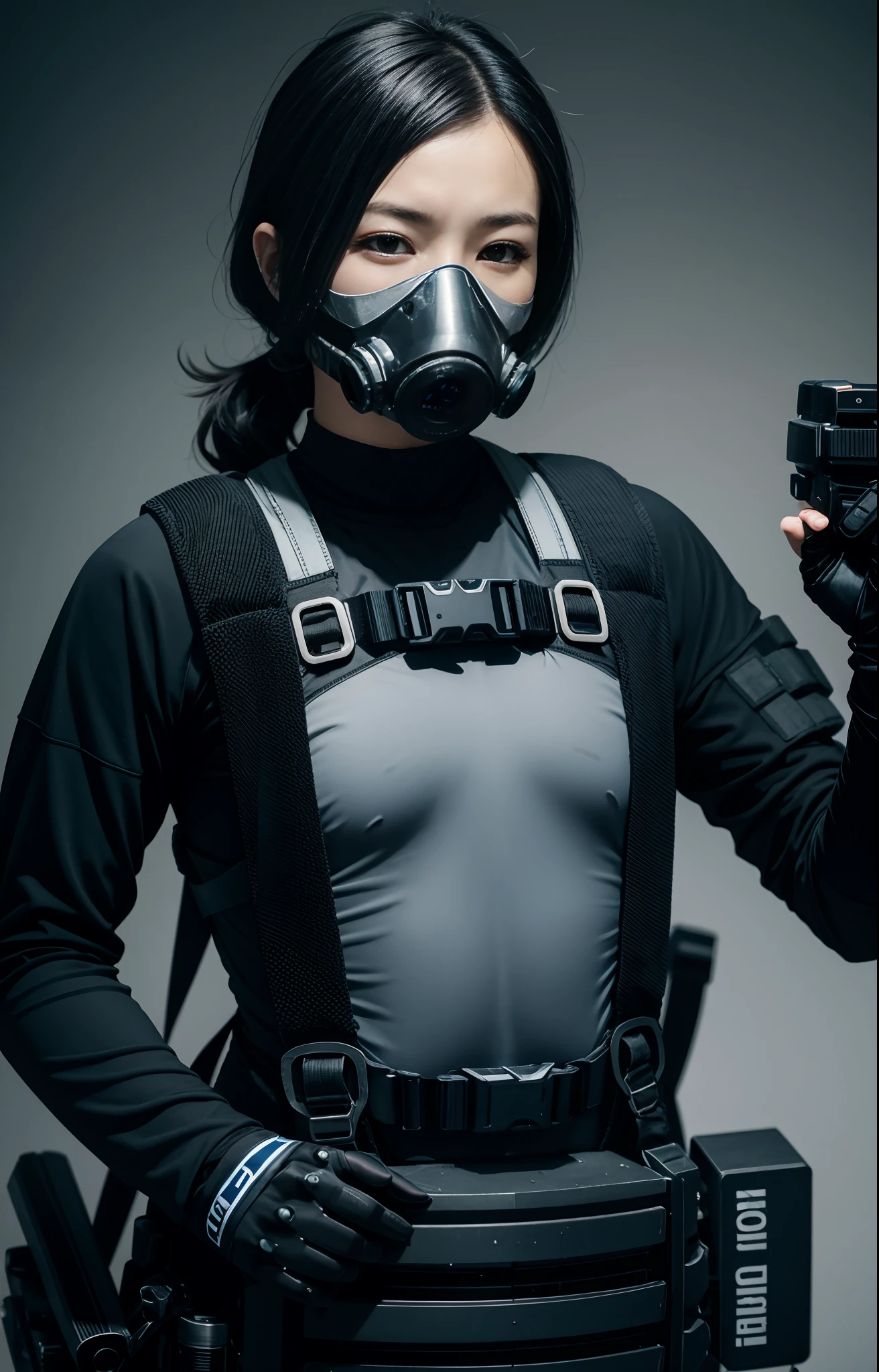 Highest image quality, outstanding details, ultra-high resolution, (realism: 1.4), ((close up:0.75, from front)), Photorealistic, highly condensed 1 lady, full body, aiming with a rifle, Combat pose, (Detailed face), looking at the camera, (a bit chubby:0.45), (cloths color black:0.4 white:0.5 other-color:0.1), (wearing nylon rash-guard as police uniform, gloves, Fingers are occluded, black and gray mecha, wearing futuristic-gasmask, military harness, holding a machinegun, carrying hich-tech-backpack), background greywall,