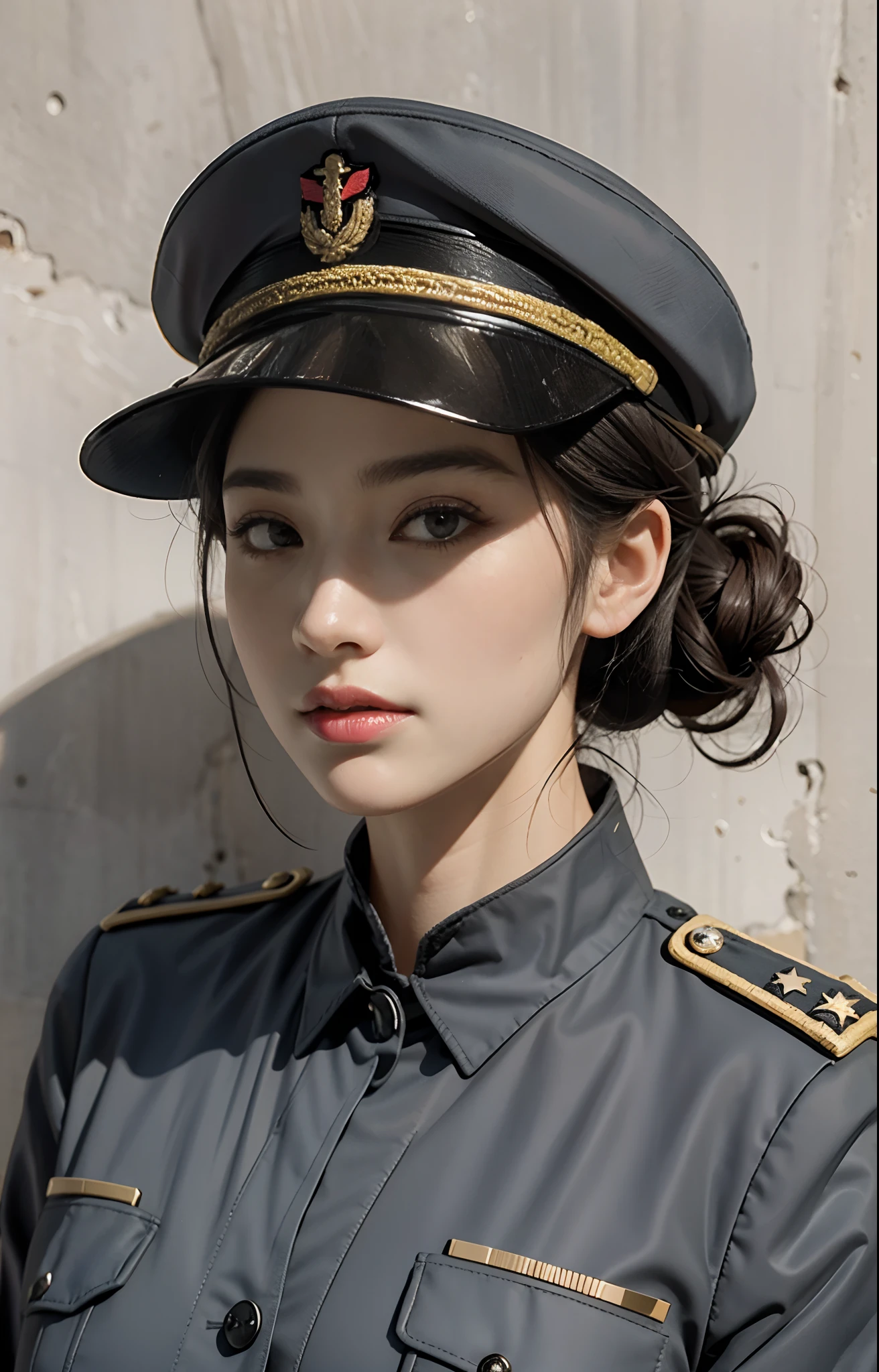 Highest image quality, outstanding details, ultra-high resolution, (realism: 1.4), ((close up:0.55)), the best illustration, favor details, highly condensed 1lady, 40 years old, with beautiful and a delicate face, perfect proportion, (straight standing, chubby:0.4), ((short-hair, updo-style)), (salute, straight standing, chubby:0.2), (wearing manner military uniform and military hat), captain, background simple grey wall,
