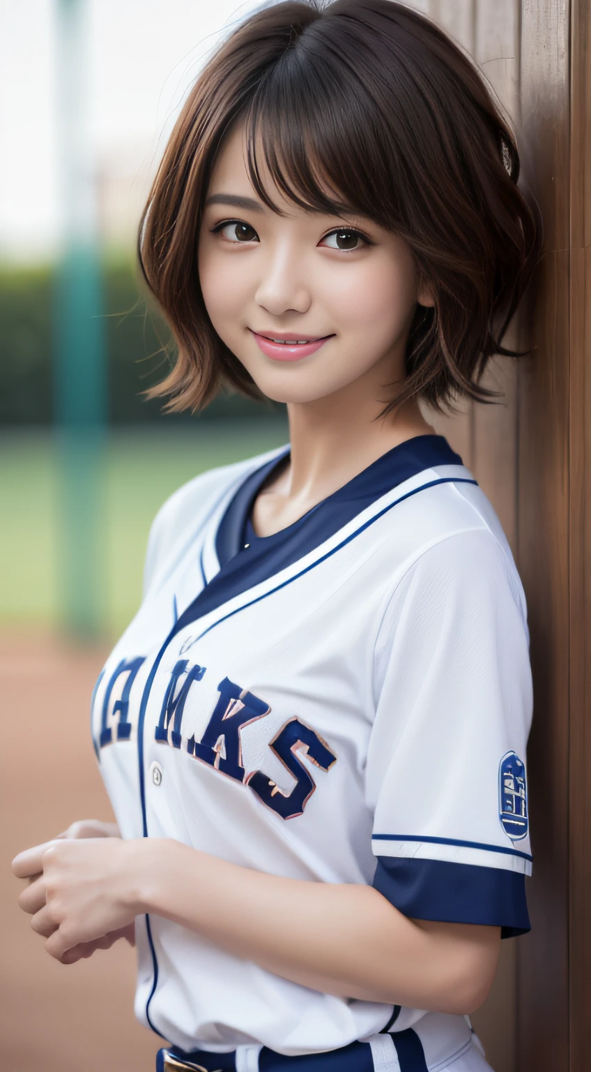 masutepiece, Best Quality, Illustration, Ultra-detailed, finely detail, hight resolution, 8K Wallpaper, Perfect dynamic composition、Thigh Viewer、27 year old cute girl、detailed beautiful faces、detailed cute eyes、Textured skin、Flushed cheeks、embarrassed from、 (Shortcut Hair:1.3)、(Wavy brown hair )、tiny chest,、Bold sexy poses、Smile、 Baseball Uniform Shirts、sport shorts、baseball field、