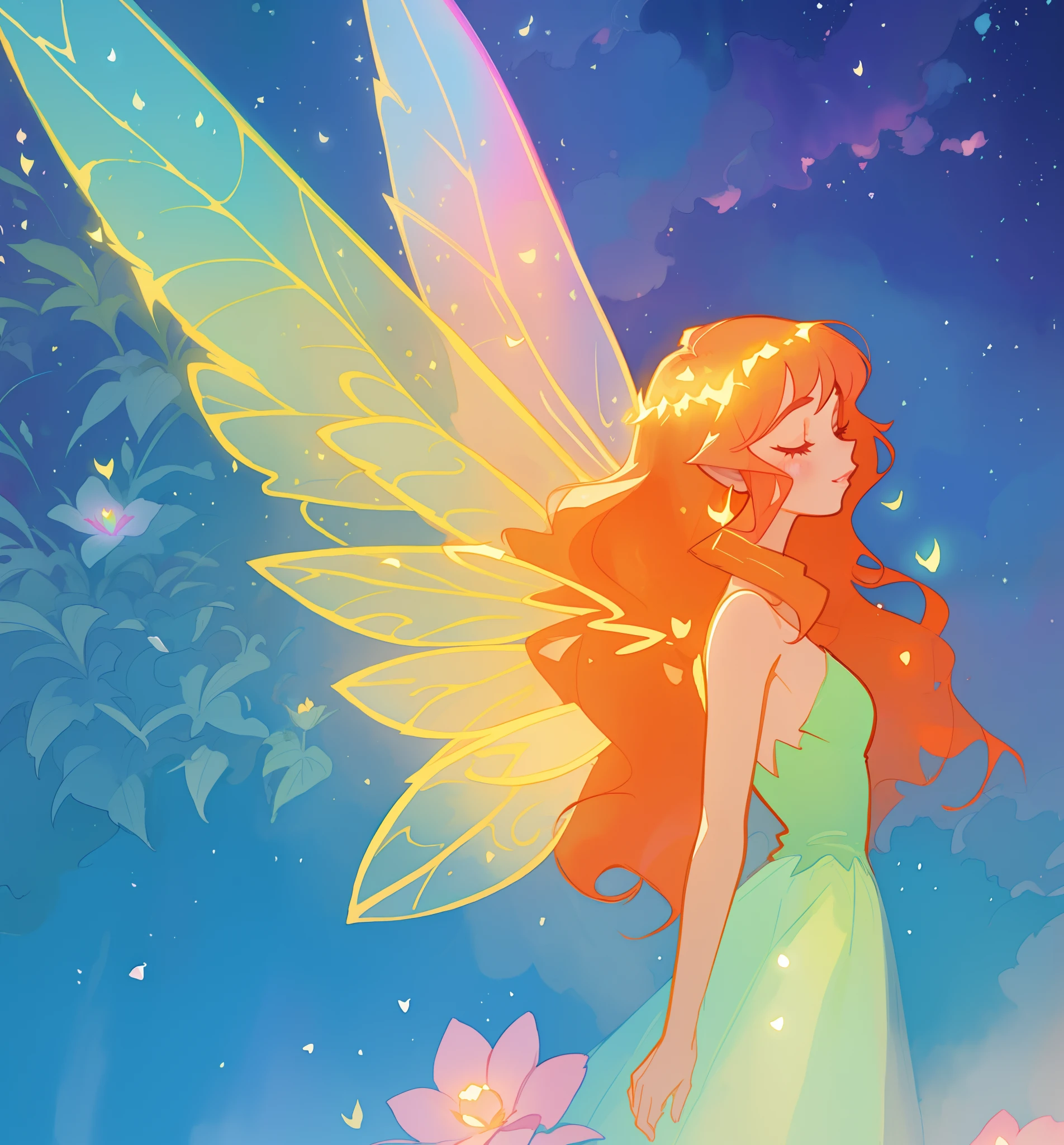 beautiful girl in flowing ballgown dress, (glowing fairy wings), glowing flowing ballgown, long wavy hair, sparkling fairy wings, watercolor illustration, flowers and colorful plants, inspired by Glen Keane, inspired by Lois van Baarle, disney art style, by Lois van Baarle, glowing aura around her, by Glen Keane, jen bartel, glowing lights! digital painting, flowing glowing hair, glowing flowing hair, beautiful digital illustration, fantasia otherworldly landscape plants flowers, beautiful, masterpiece, best quality, anime disney style