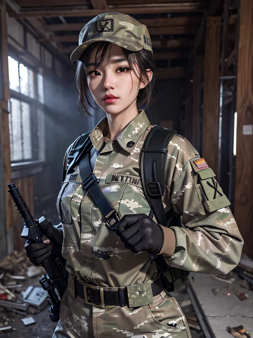 （​masterpiece、ultra fine photos、top-quality、超A high resolution、Photorealsitic、bustshot）、Beautiful Female Soldier、delicated face、Cropped Shorthair、Camouflage Cap、Combat equipment、Army long sleeve camouflage uniform over black undershirt、Camouflage pants、Combat gloves、Holding the rifle with both hands、rucksack、Detailed and complex busy background、High Detail Skin、realistic skin detail、foco nítido、fair white skin、A room in an abandoned building、White smoke、Detailed face and chest depiction、Detailed hand depiction、combat pose、Dynamic action、watching at viewers