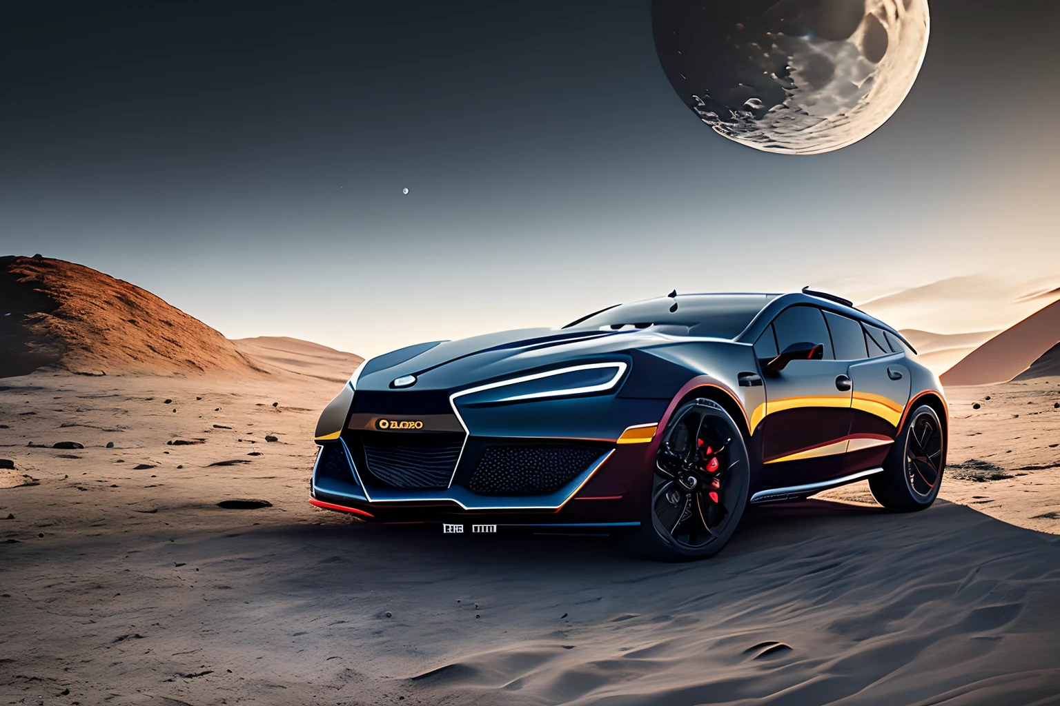 Rembrandt light,Best Quality,Extremely detailed,Cinematic lighting,8K,Realistic,Dynamic Graphics,photograph,Low viewing angle,Camera shooting,Canon 85 1.2,Aperture F4,8K,nffsw,(Running on the moon:1.3),Future Car,Beautiful design,crater,stele,planetes,Master works,