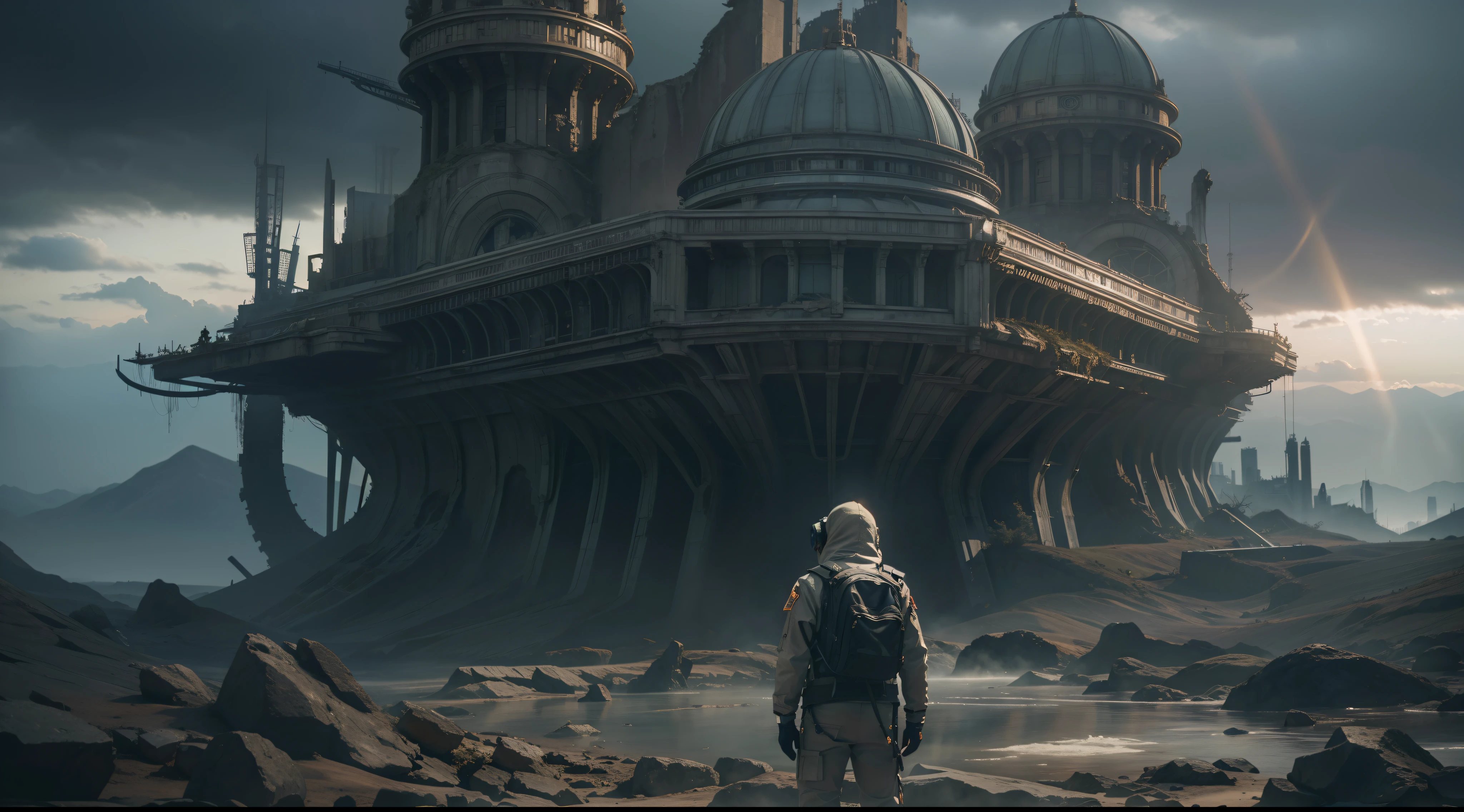 Astronauts are exploring the ruins of a futuristic city. The scene was full of anticipation and mystery. Perspective Overlook The scene is full of intricate details, Show off cinematic style ,surrealism, hyper photorealism, Chiaroscuro, Depth of field, JPEG artifacts, Wide shot, Perspective, Atmospheric perspective, in a panoramic view, Lens flare, hyper HD, Masterpiece, ccurate,Cthulhu style,Dark style,Game Diablo 4 art style,The time is evening