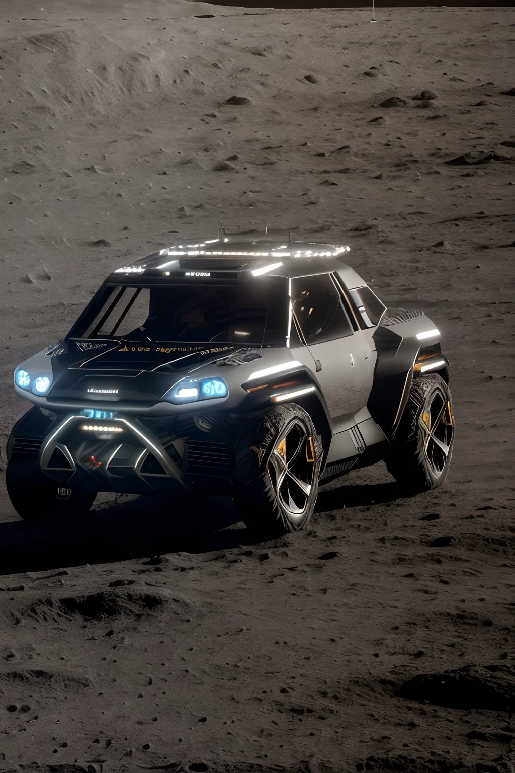Rembrandt light,Best Quality,Extremely detailed,Cinematic lighting,8K,Realistic,Dynamic Graphics,photograph,Low viewing angle,Camera shooting,Canon 85 1.2,Aperture F4,8K,nffsw,(4WD futuristic car on the moon:1.5),Beautiful design,Bumpy road,stele,planetes,Master works,