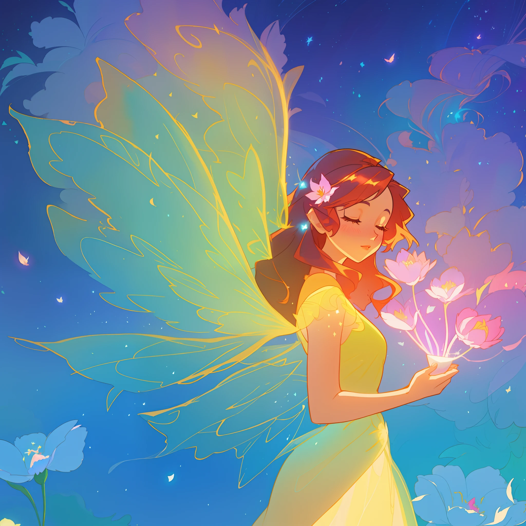 beautiful girl in flowing ballgown dress, (glowing fairy wings), glowing flowing ballgown, long wavy hair, sparkling fairy wings, watercolor illustration, flowers and colorful plants, inspired by Glen Keane, inspired by Lois van Baarle, disney art style, by Lois van Baarle, glowing aura around her, by Glen Keane, jen bartel, glowing lights! digital painting, flowing glowing hair, glowing flowing hair, beautiful digital illustration, fantasia otherworldly landscape plants flowers, beautiful, masterpiece, best quality, anime disney style