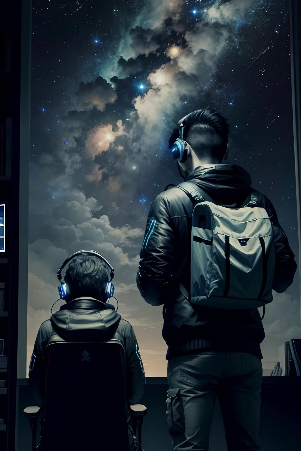 2 One younger one individuals staring off to a night sky with their backs and view with gaming headphones on preparing for a late night vision