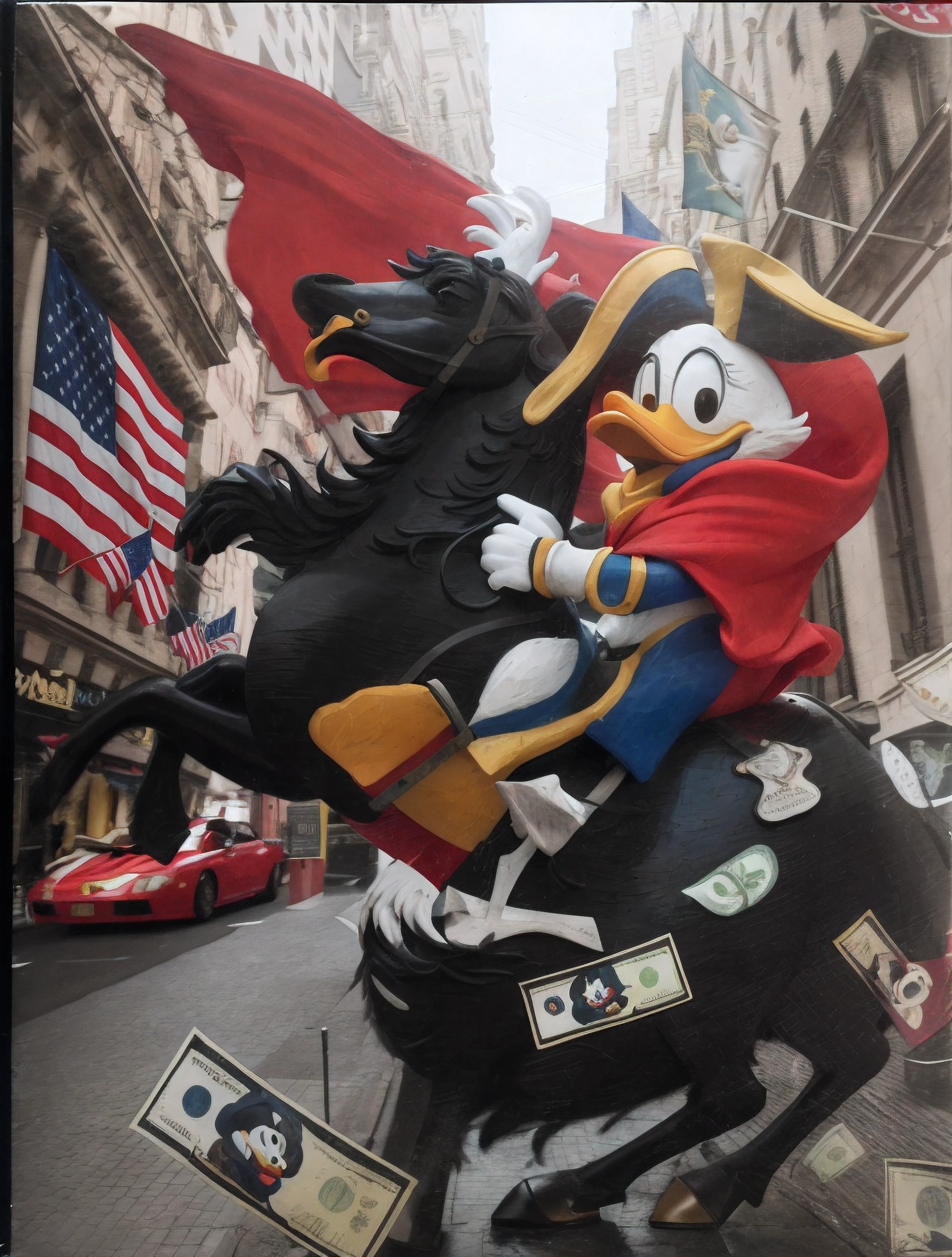 Image of a statue of Donald Duck riding a royal black horse with flying money, inspired by Jacob Duck, par Eddie Mendoza, Donald Duck, Donald Duck dans la vraie vie, Clown capitaliste, inspired by Carl Barks, album artwork, par Derek Zabrocki, par Jacob Duck, par Pogus Caesar, super riche heureux Pepe, exhiber sa richesse, Illustrative New York Street top details Arafed statue of Donald Duck riding a horse with a flag on it, Donald Duck, Dans la Parade Macys, Goofy, Donald Duck dans la vraie vie, inspired by Jacob Duck, canard daffy, inspired by Carl Barks, Donald Duck: un astronaute, Disney 1 9 9 0, United States-seven. 20, closeup shot, 1 9 8 9 Disney, morocco flag, texture monaliza