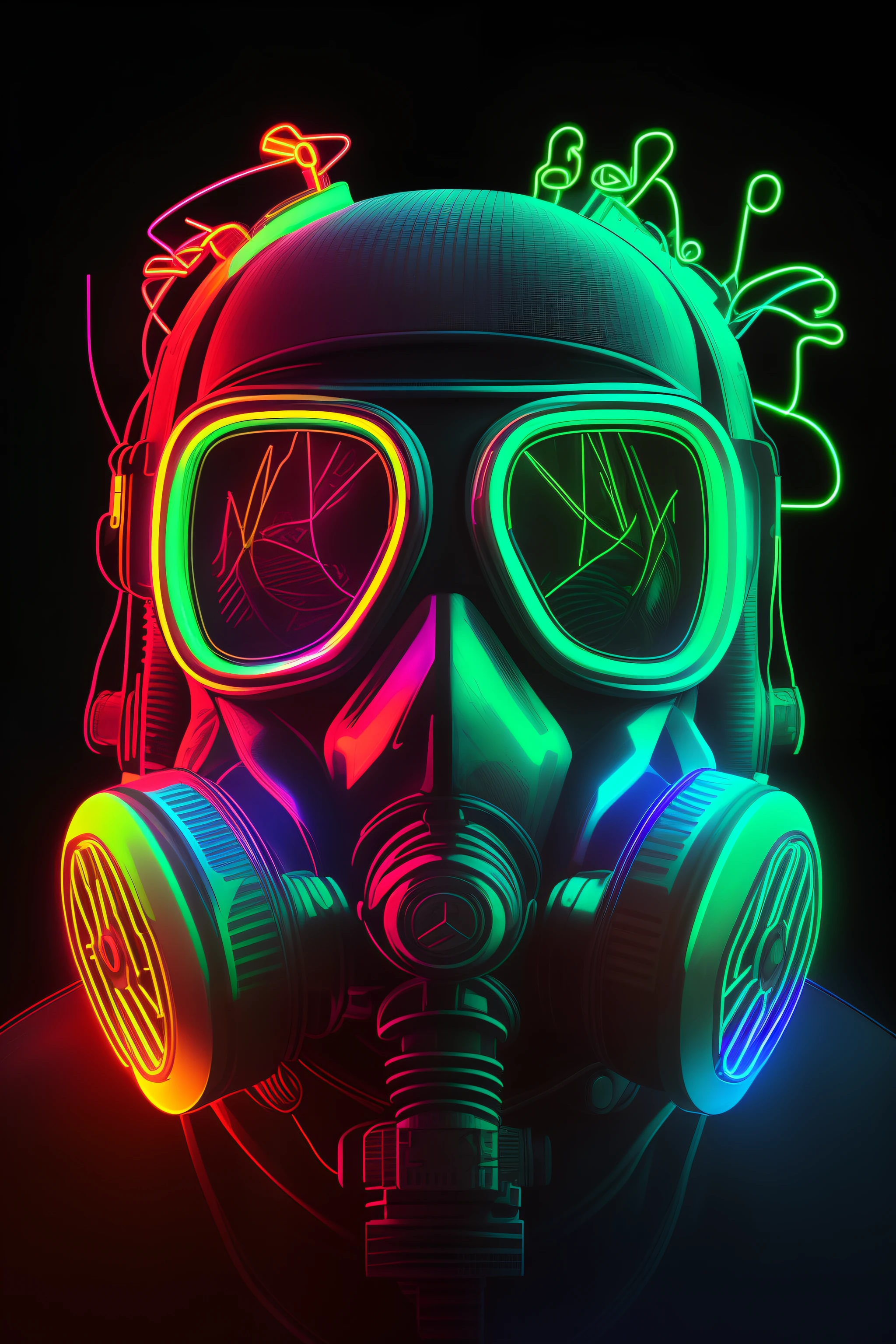 A man wearing a gas mask with neon paint, neon operator, arte digital neon, cores cyberpunk neon, neon cyberpunk cores vibrantes, cores ultravioleta e neon, cyberpunk cores vibrantes, futuristic gas mask, Gas mask, vibrant fan art, Estilo Arte Neon, neon steampunk, psychedelic style, neon colorido neon, psychedelic art style, cores do bipe, arte neon