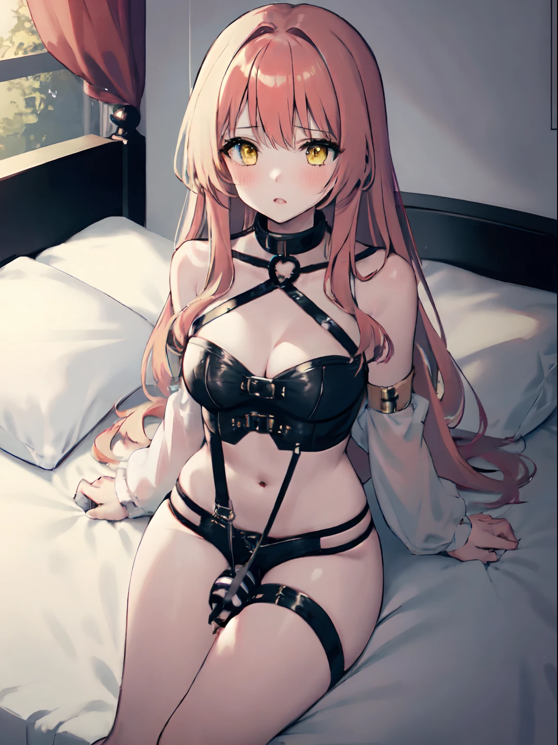 1girl, solo, best quality, masterpiece , coral hair with gold streaks, yellow eyes, long hair, in bed, vibrator harness, metal collar