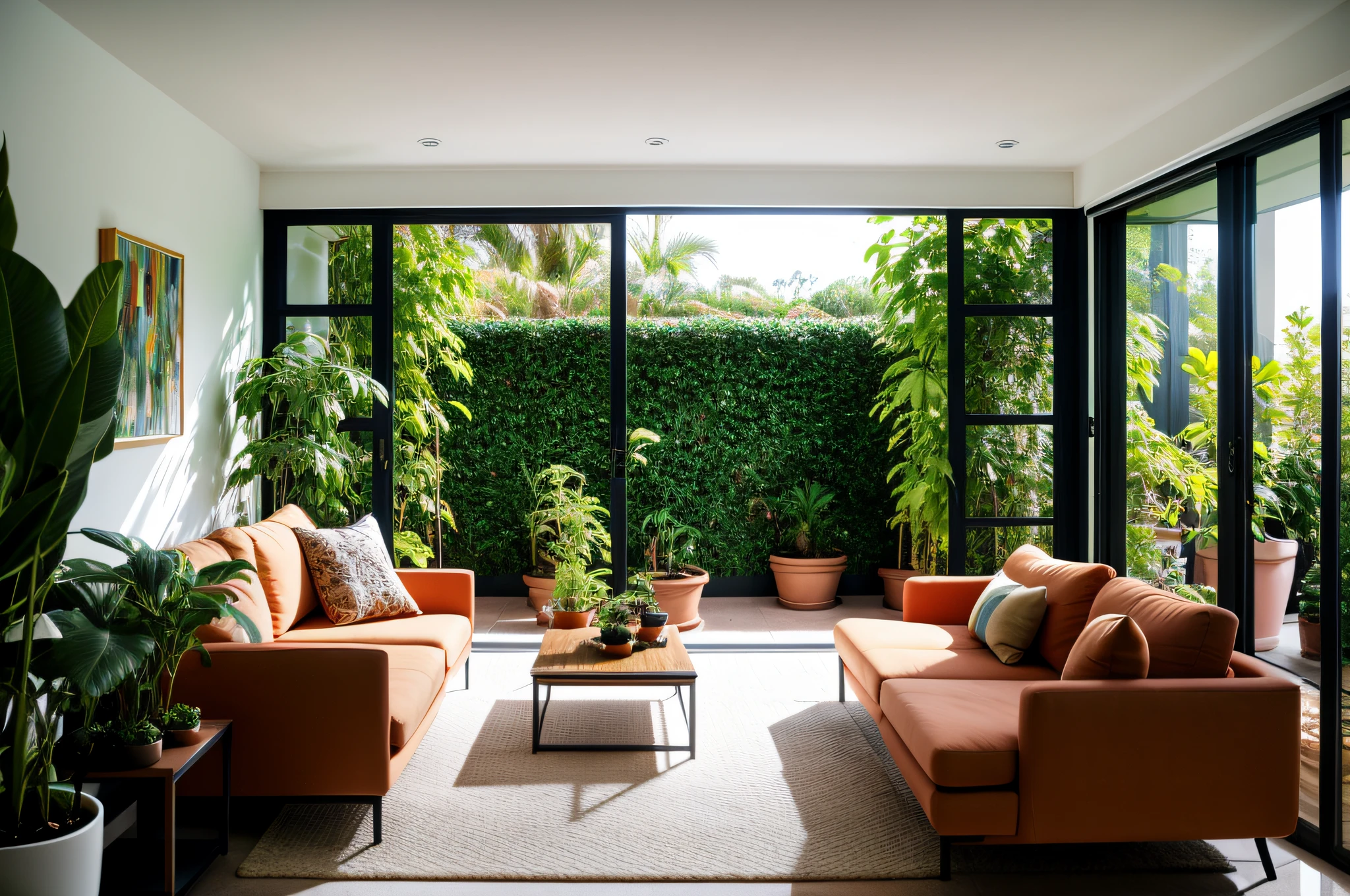 RAW photo, livingroom, Archviz, dark room background, abstract architecture ​, cozy aesthetic design! modern style, linear curves, clean design, concrete-colored laminate wall, perspective, high-end, realistic photography, Bright, sharp, unique details, award-winning photography , Canon EOS 5D DSLR Mark IV, f/ 6, ISO 100, 1/ 250 sec, soft natural light, best quality, super high resolution, potted plants, hoa, fruit , Space with many vines creates a space to immerse yourself in nature , but no less luxurious