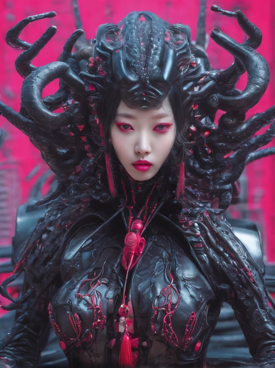 long straight black-haired, (young 19 yo teenage, chinese girl Du Juan), skinny, athletic, petite, ((full lips with red lipstick, pink geisha blush, style eyeliner mascara eye-shadow make-up)), sexy, nude ((very large tentacles horns wrapping around her)) emerging from within a glossy slimy mucus covered round black meteoroid in foggy volumetric alien tentacle landscape