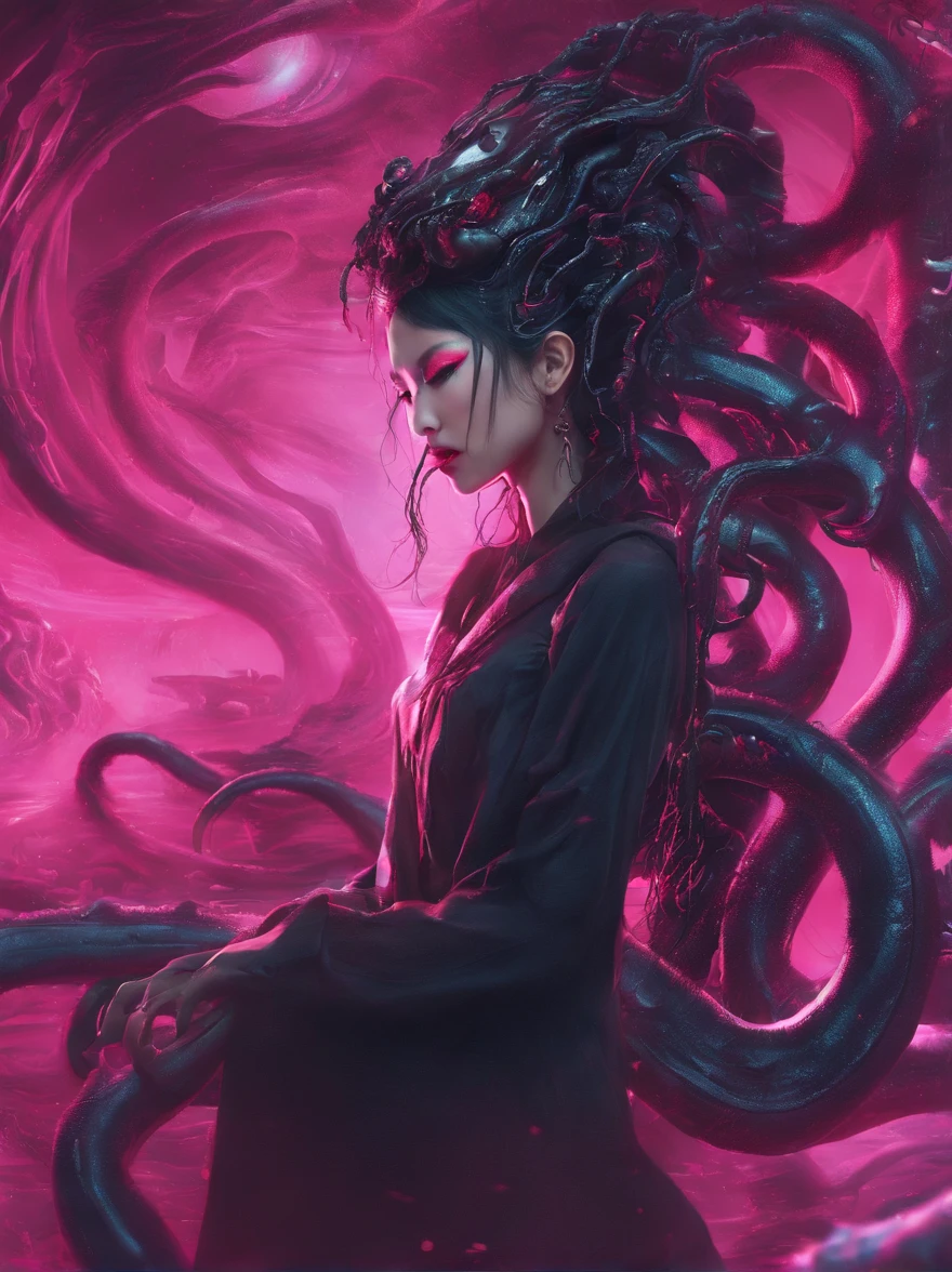 long straight black-haired, (young 19 yo teenage, chinese girl Du Juan), skinny, athletic, petite, ((full lips with red lipstick, pink geisha blush, style eyeliner mascara eye-shadow make-up)), sexy, nude ((very large tentacles horns wrapping around her)) emerging from within a glossy slimy mucus covered round black meteoroid in foggy volumetric alien tentacle landscape