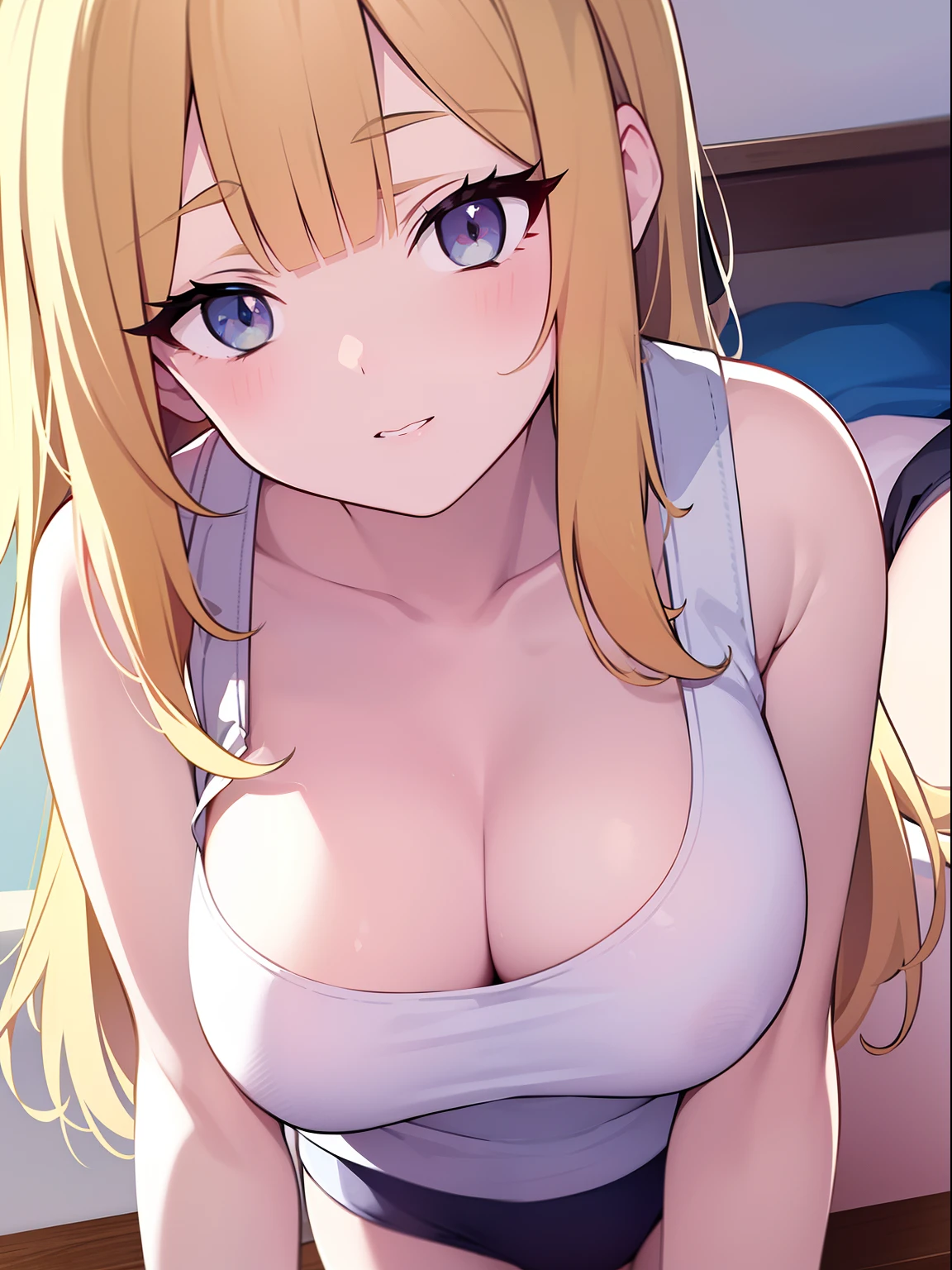 in 8K、top-quality、​masterpiece、ultra-detailliert、Ultra-high resolution、((1 persons))、girl with、White tank top、a blond、makeups、all-fours、cleavage of the breast、Frontal perspective、Gymnasium