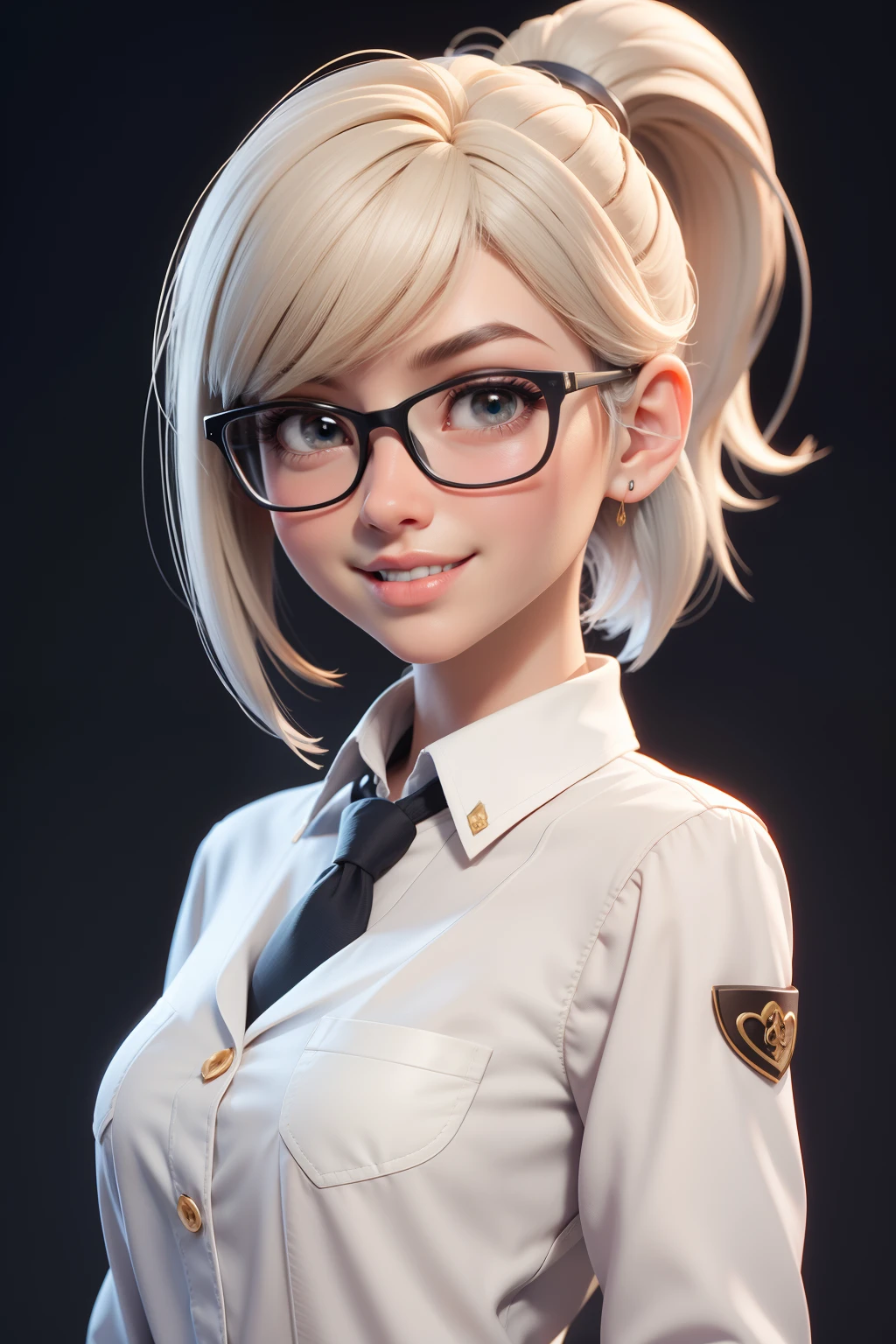 Tie a ponytail,wears glasses,light colored costume,The smile is bright,tmasterpiece, best qualityer, 3D rip artwork, 3DMM style, Close-up, sportrait, hentail realism, Brakadnev, looking to the camera, white backgrounid, 黑The eye, short hair & bangs, Split lips, Eye challenge,Light-colored tooling, Shirt details, watermarked.