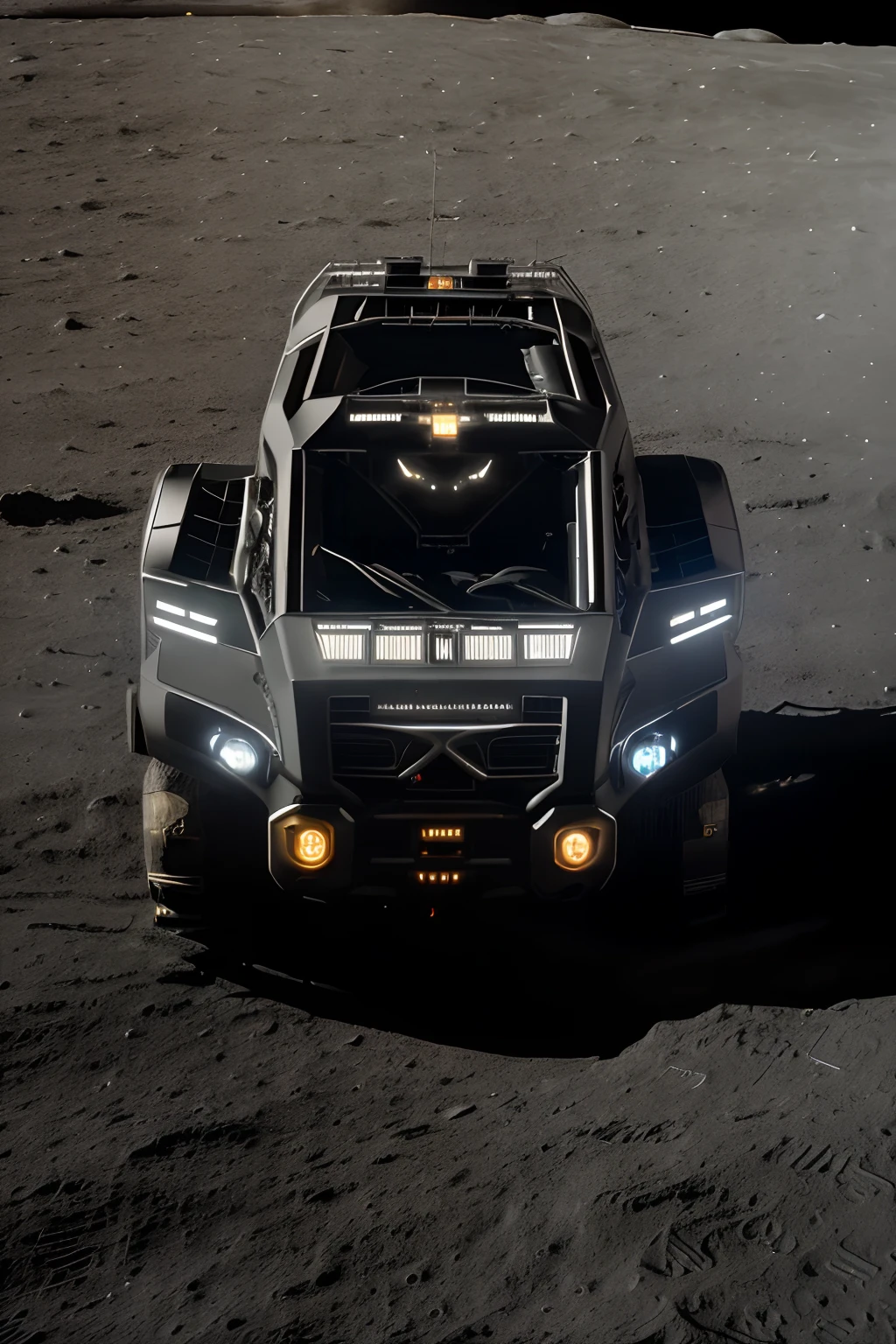 Rembrandt light,Best Quality,Extremely detailed,Cinematic lighting,8K,Realistic,Dynamic Graphics,photograph,Low viewing angle,Camera shooting,Canon 85 1.2,Aperture F4,8K,nffsw,(4WD futuristic car on the moon:1.5),Beautiful design,Bumpy road,stele,planetes,Master works,