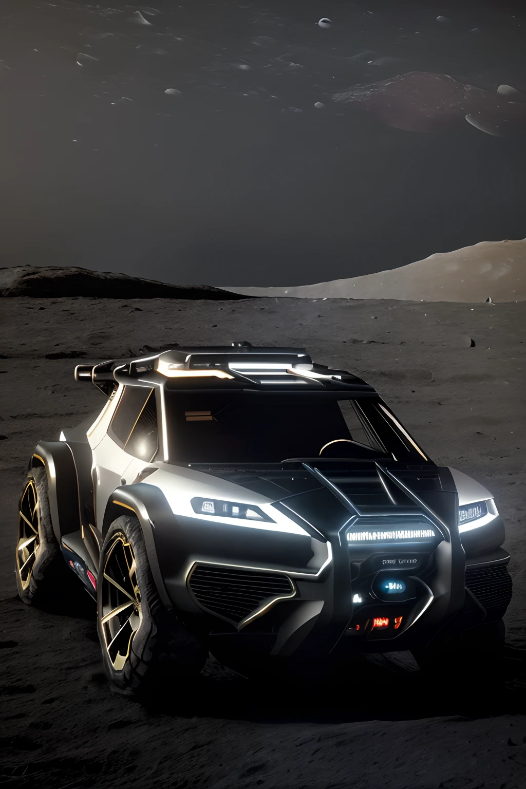 Rembrandt light,Best Quality,Extremely detailed,Cinematic lighting,8K,Realistic,Dynamic Graphics,photograph,Low viewing angle,Camera shooting,Canon 85 1.2,Aperture F4,8K,nffsw,(4WD futuristic car on the moon:1.5),Beautiful design,Bumpy road,stele,planetes,Master works,