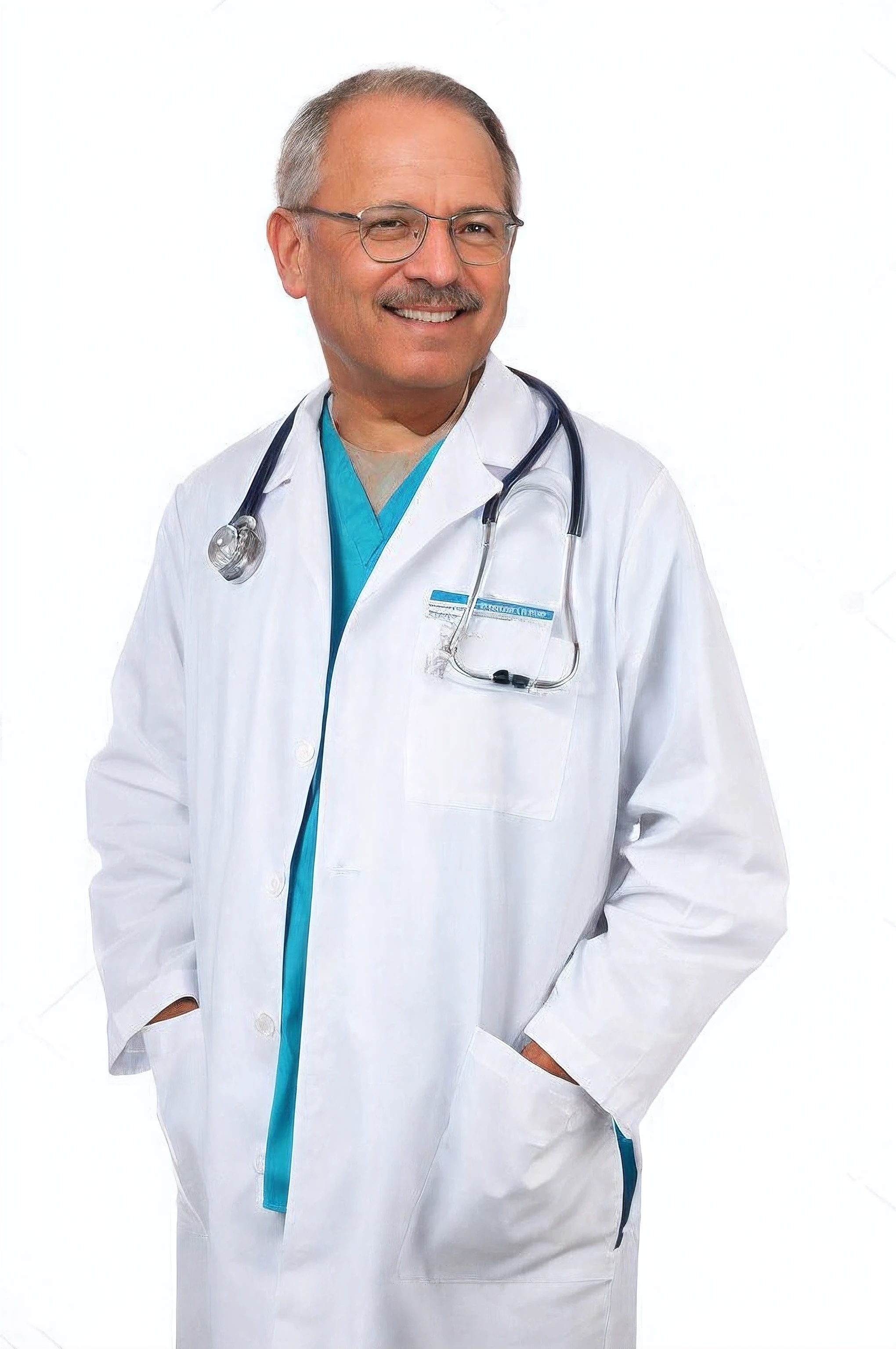 A 67-year-old experienced doctor in a white coat, vestindo uma camiseta azul e cinza, with a stethoscope around the neck. He is also wearing glasses and has a mustache. The doctor has beautiful detailed eyes, with long eyelashes and a gentle look. His face is extremely detailed, showing wisdom and experience. The lab coat is made of a high-quality material, giving it a crisp and professional look. A camiseta azul e cinza adiciona um toque de cor ao traje geral. The doctor stands confidently, com um sorriso suave no rosto. He has a medical record in one hand and a pen in the other, pronto para tomar notas. The stethoscope around the neck indicates your expertise in the medical field. The glasses he wears add a touch of intelligence and sophistication to his appearance. The backdrop to the scene is a well-equipped doctor's office, with shelves full of books and medical equipment. Lighting is bright and professional, Creating a clean and sterile atmosphere. Color tone is crisp and vibrant, with a focus on fresh tones to convey a sense of professionalism and tranquility.