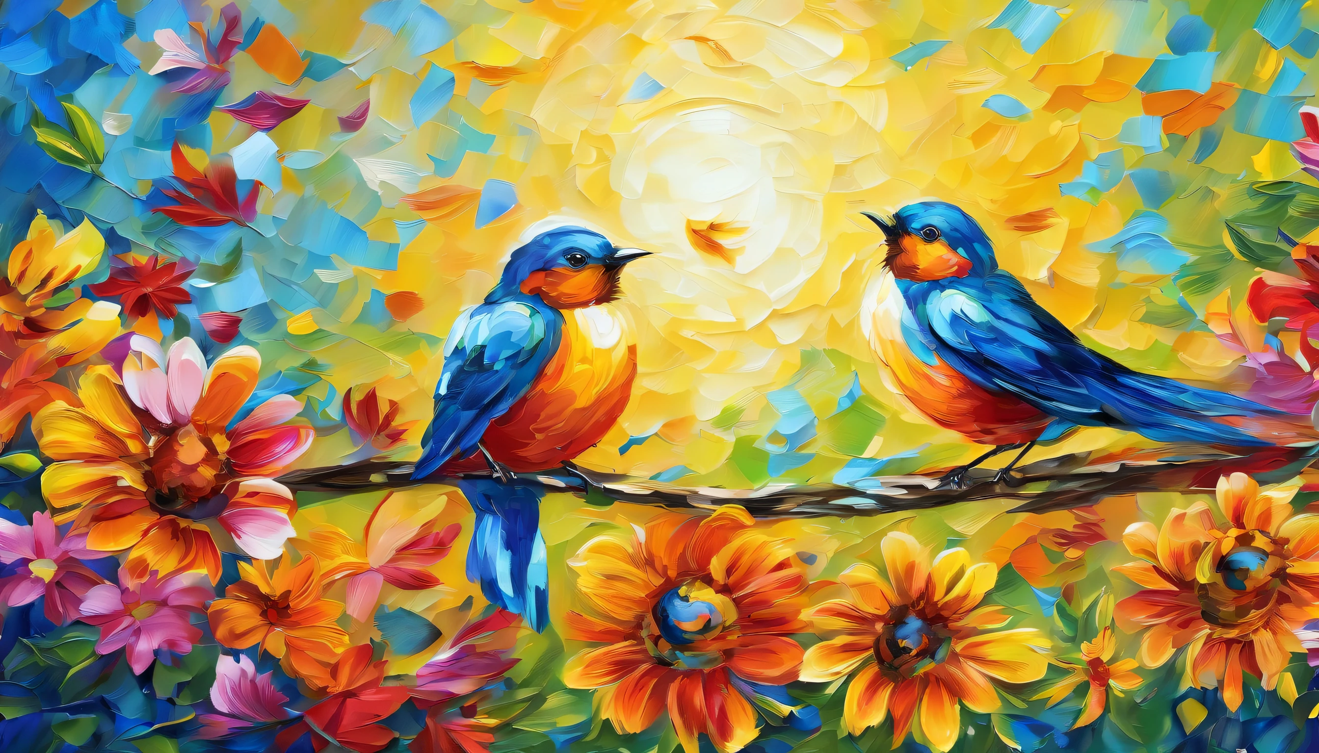 Impasto oil painting of two birds sitting on a fence surrounded by flowers, colorful hd picure, colorful birds, birds and butterflies, blue and yellow fauna, magical colorful flowers, realistic flowers oil painting, crystallic sunflowers, nature painting, butterflies and birds, beautiful nature, birds in the sunlight, beautiful painting of friends, mystical birds, bright sunny day,