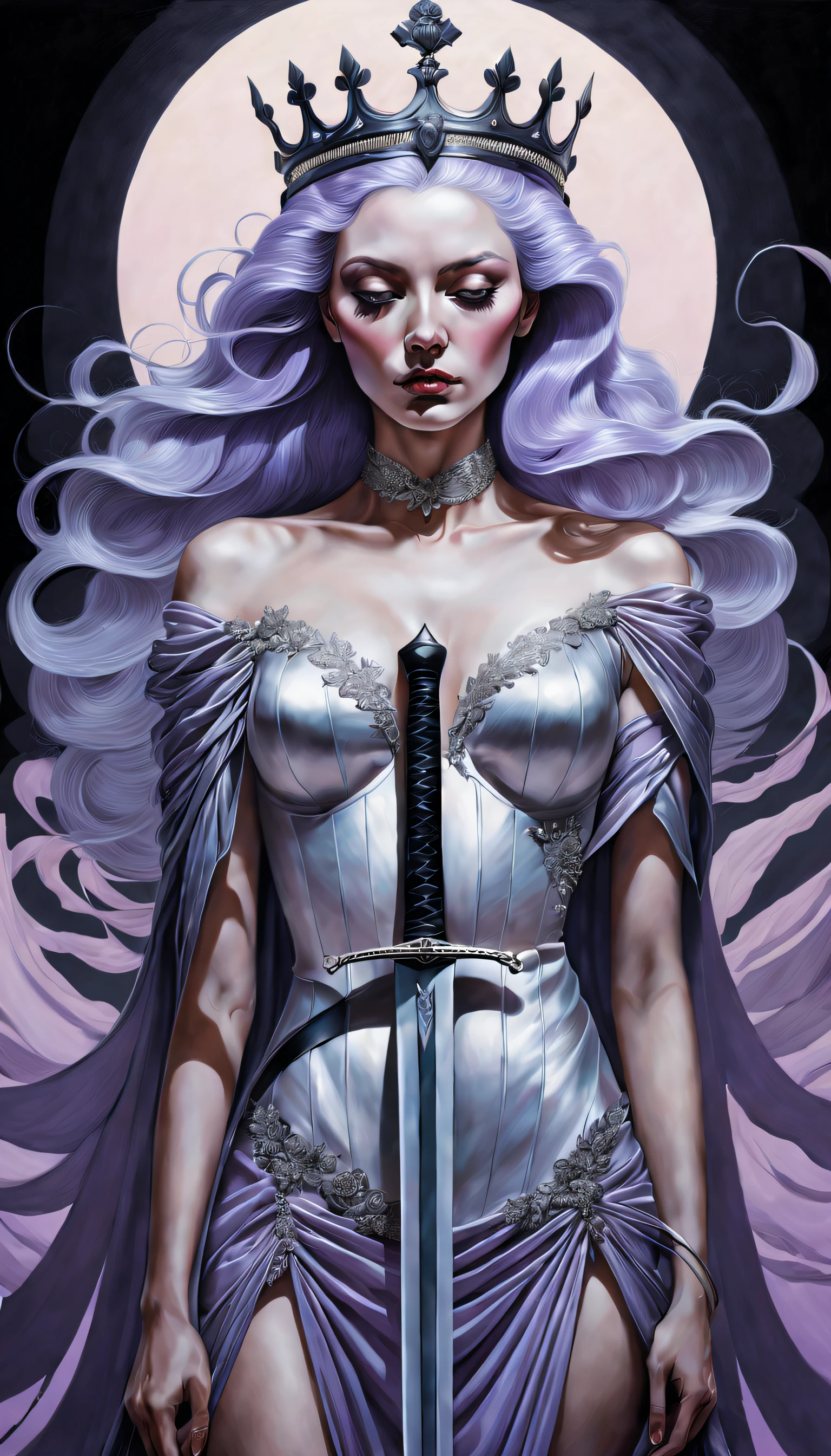 chiaroscuro technique on sensual illustration of an queen of swords, vintage queen, eerie, matte painting, by Hannah Dale, by Harumi Hironaka, extremely soft colors, hint of pastel lavender and cool silver , highly detailed, digital artwork, high contrast, dramatic, refined, tonal, highest quality,anatomy correct,ultra-wide-angle,depth of fields, intellectual acumen