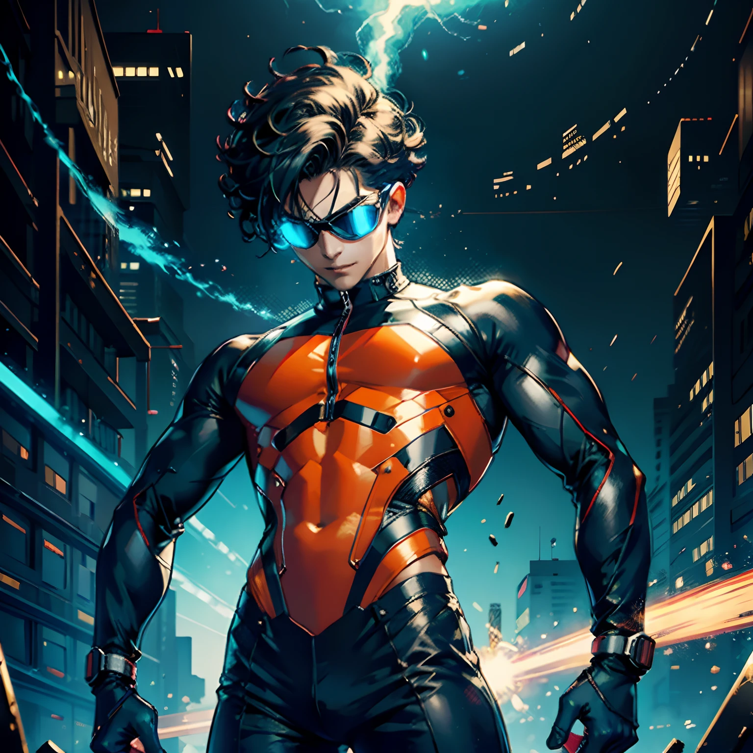 8K,HighestQuali,Highest image quality,tmasterpiece,Master illustration,1 man,Laughing,the scientist,Fluffy hairstyle,Explosive head,Protective goggles,Dangerous experiments,Huge gloves,Connect the power supply,try,earnestly,Take a closer look,Debug the instrument,tightsuit,Long-sleeved shirt,close-fitting clothes,Blackn clothes,Healthy body,shorter pants,coils,Electrical coils