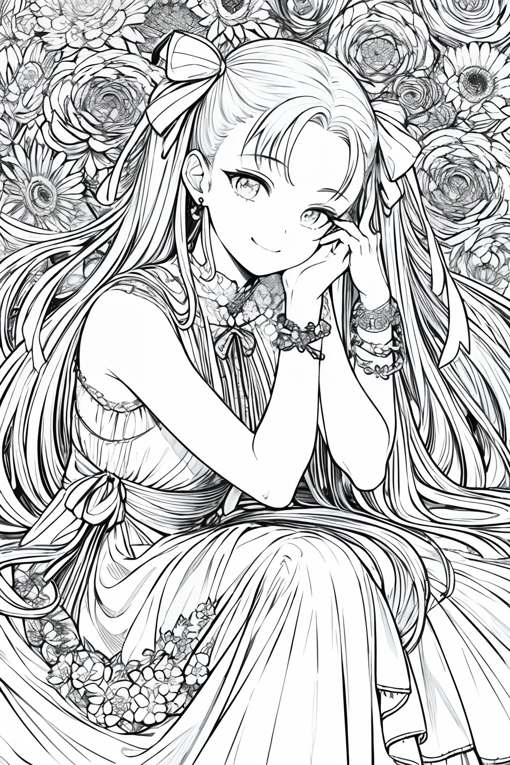 masterpiece, best quality, 1girl, solo, long_hair, looking_at_viewer, smile, dress, ribbon, jewelry, very_long_hair, hair_ribbon, flower, bracelet, two_side_up, hand_on_own_face, head_rest, hand_on_own_cheek, lineart, monochrome,