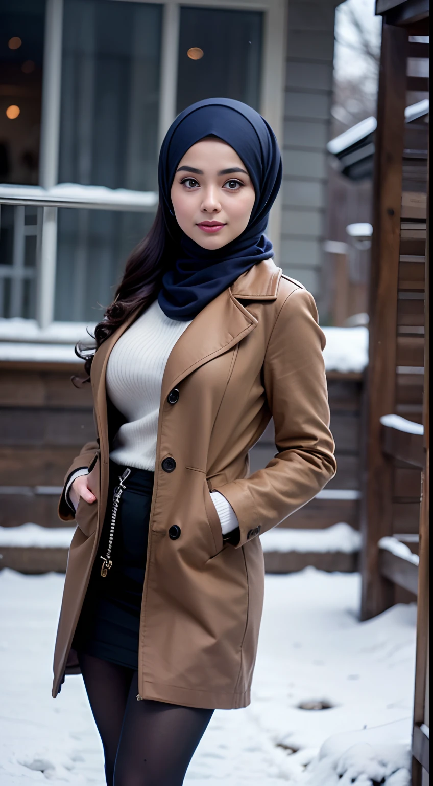 RAW, Best quality, high resolution, Masterpiece: 1.3), Beautiful Malay woman in hijab, Masterpiece, Perfect slim body, (full body),((Big breasts)), Beautiful big eyes, watery eyes, Soft smile, wet lips, wearing  long blue scarf, purple long wool coat, black thick pantyhose, brown snow boots,snow mountain, blurred background, bokeh