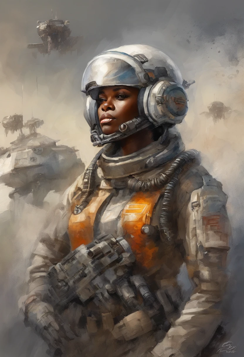 mech pilot, female, dark skin, white hair, tired, rule of thirds, high-quality background, ultra-detailed scenery, ultra sharp focus, perfect professional photo