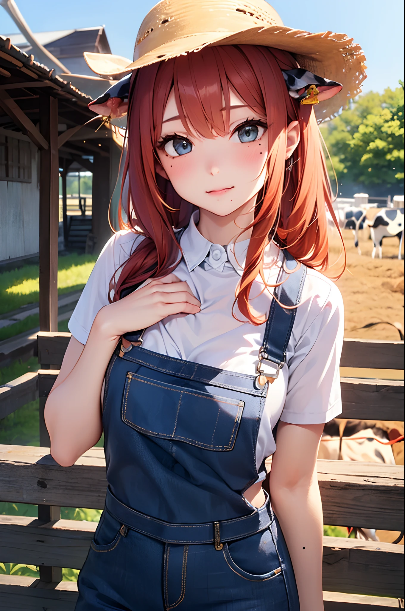 (Girl with a nasty appearance:1.3),(morning:1.5),(and chest:1.4),Raw photography, top-quality, hight resolution, (masterpiece), (Photorealsitic:1.4), (Mole under the eyes),foco nítido, nffsw, 8K分辨率, intricate detailes, depth of fields, the Extremely Detailed CG Unity 8K Wallpapers, front lit, femele,25-years old、 Impatient face、Crisp eyes、see -through、(Medium Bang Redhead:1.3)、Orange-eyed,(cow girl:1.5)、(Chasing cows:1.3)、Bright background、(Straw hats and overalls)、autumnal、Older sister's atmosphere、countryside